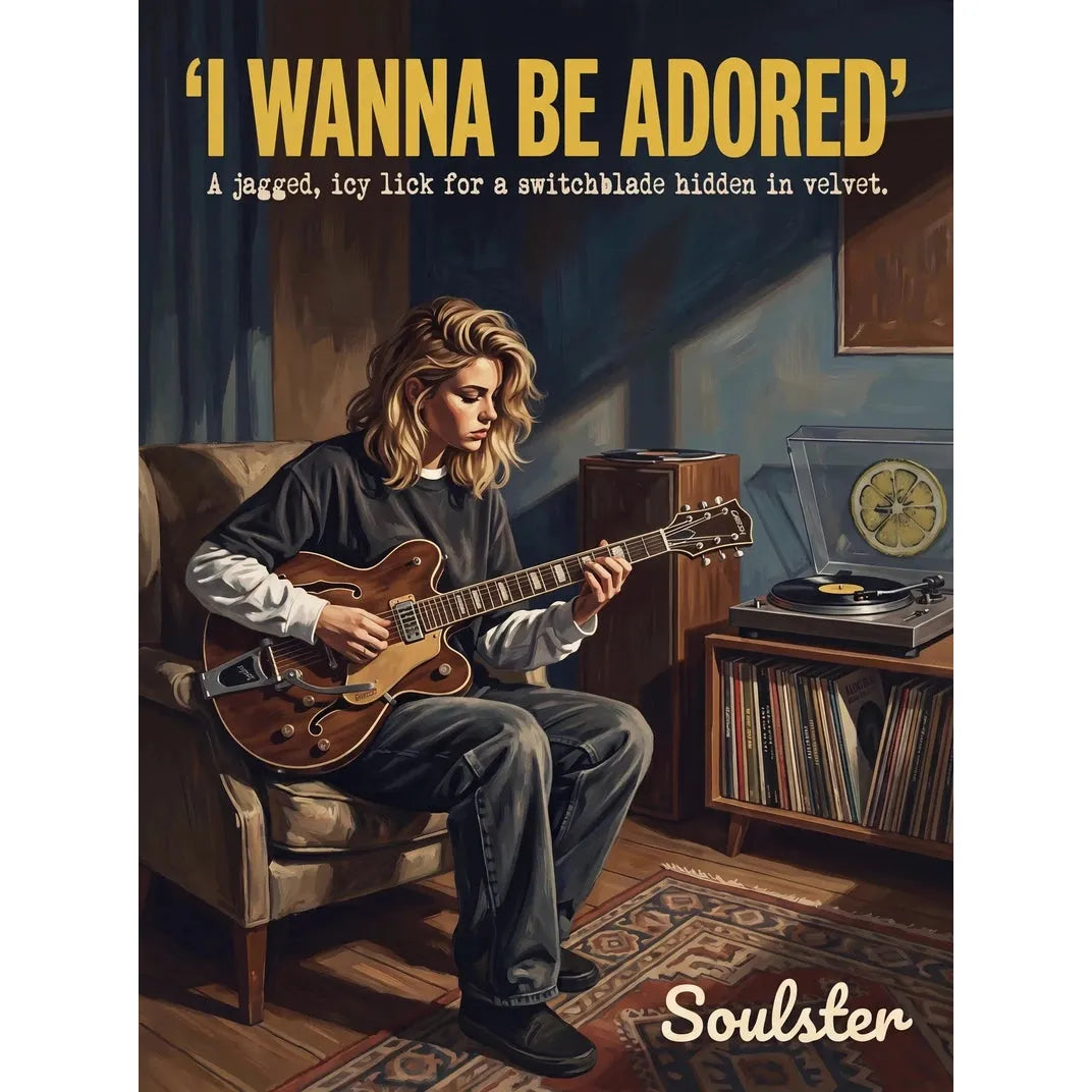 Cinematic pulp book cover style art print inspired by The Stone Roses - I Wanna Be Adored typography design layout.