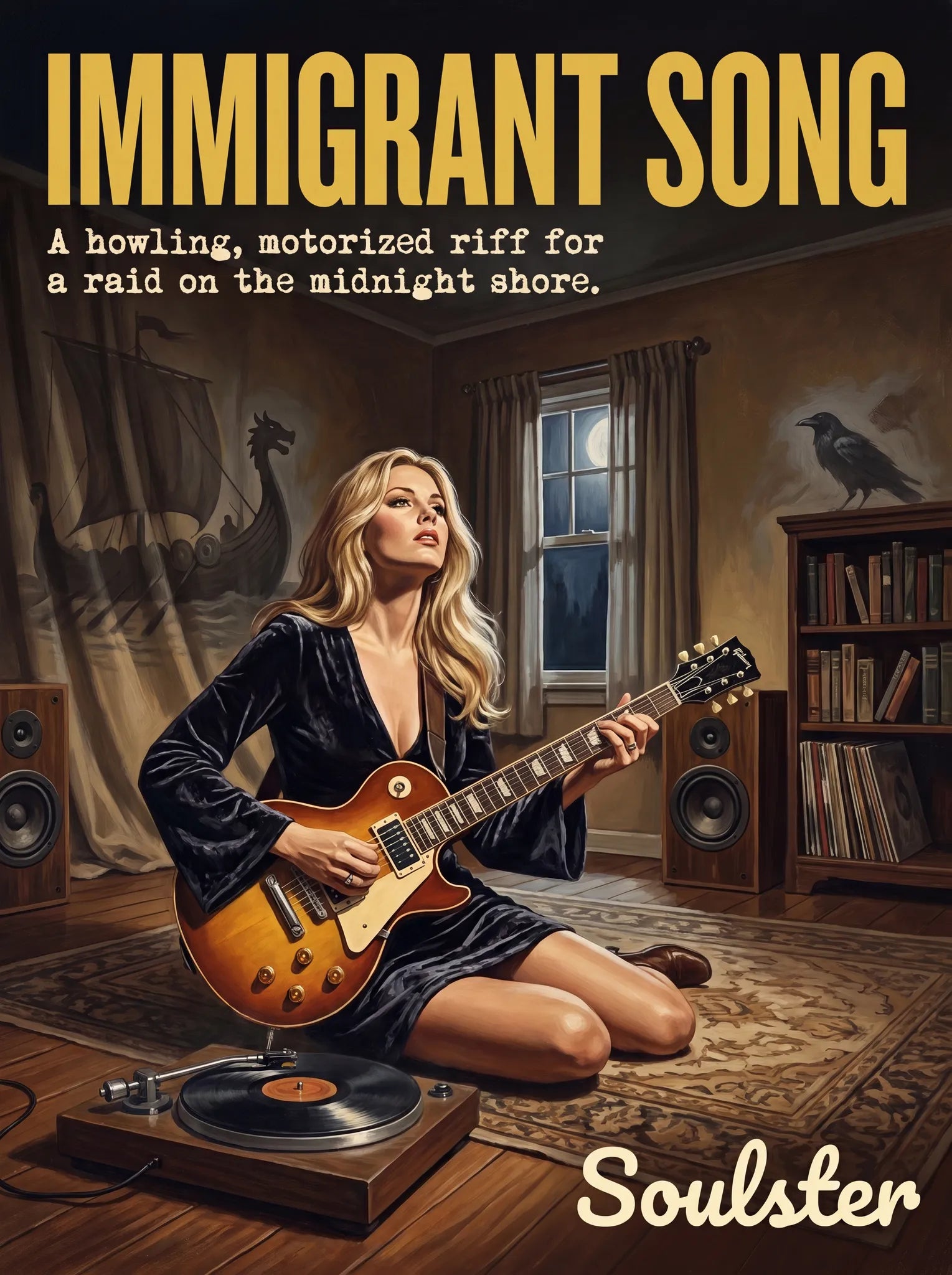 Cinematic pulp book cover style art print inspired by Led Zeppelin - Immigrant Song typography design layout.