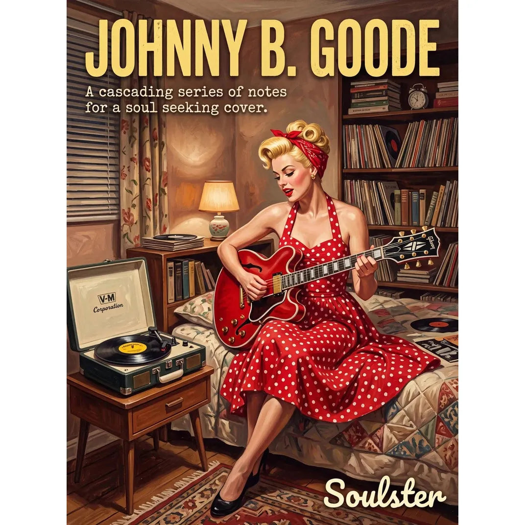 Cinematic pulp book cover style art print inspired by Chuck Berry - Johnny B. Goode typography design layout.