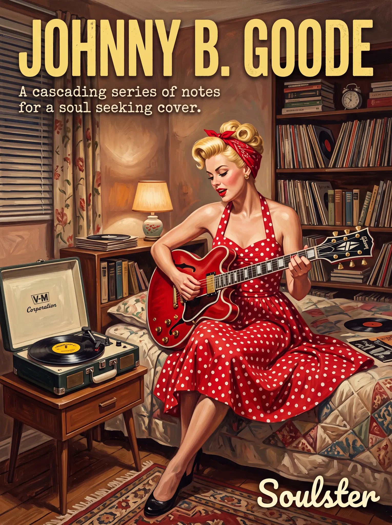 Cinematic pulp book cover style art print inspired by Chuck Berry - Johnny B. Goode typography design layout.