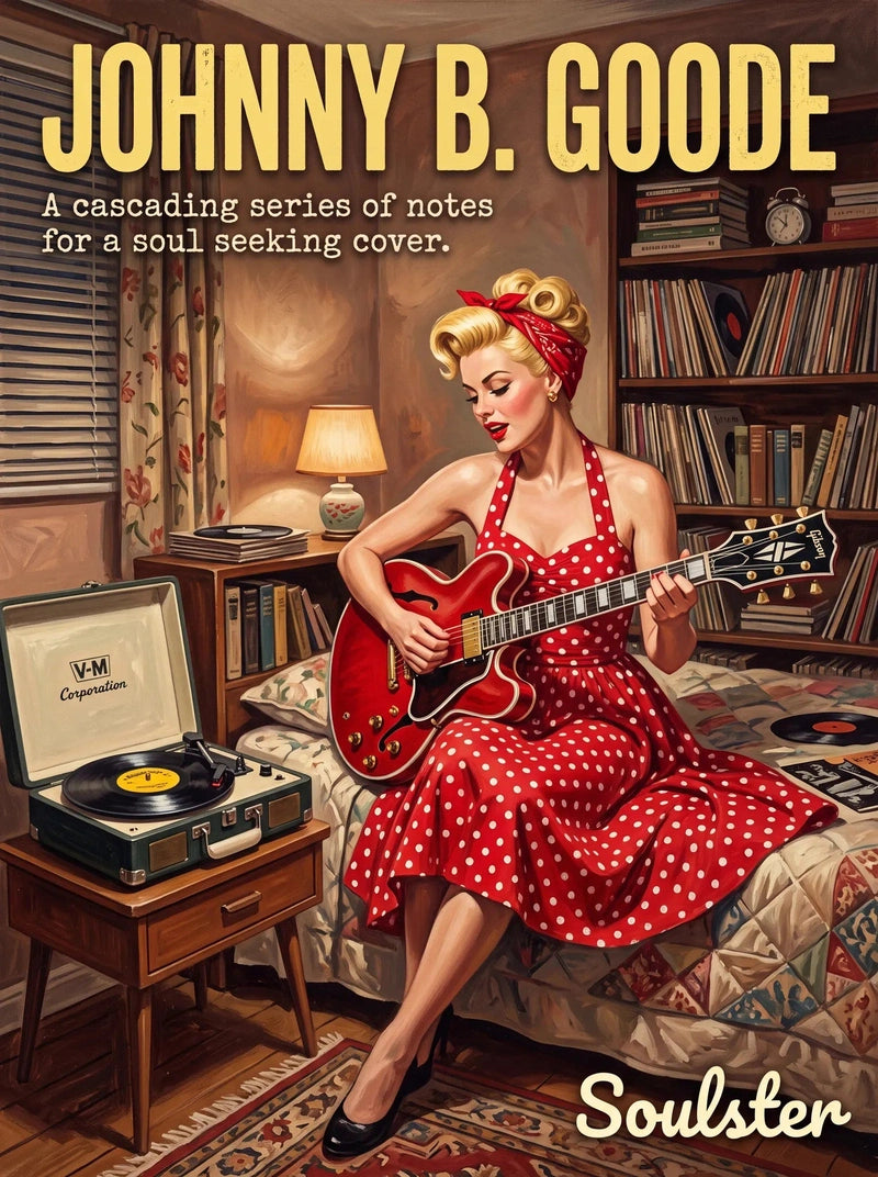 Cinematic pulp book cover style art print inspired by Chuck Berry - Johnny B. Goode typography design layout.