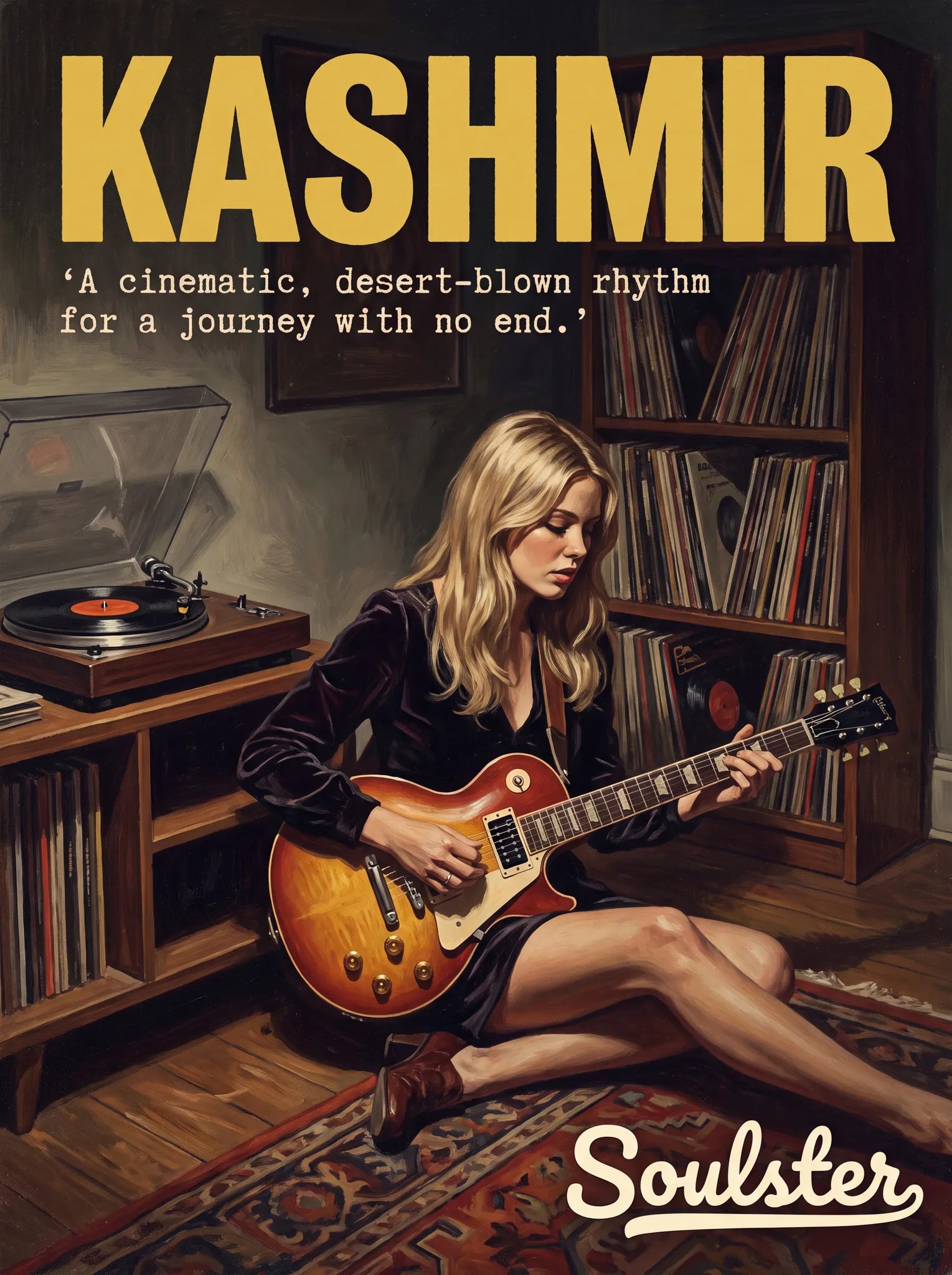 Cinematic pulp book cover style art print inspired by Led Zeppelin - Kashmir typography design layout.