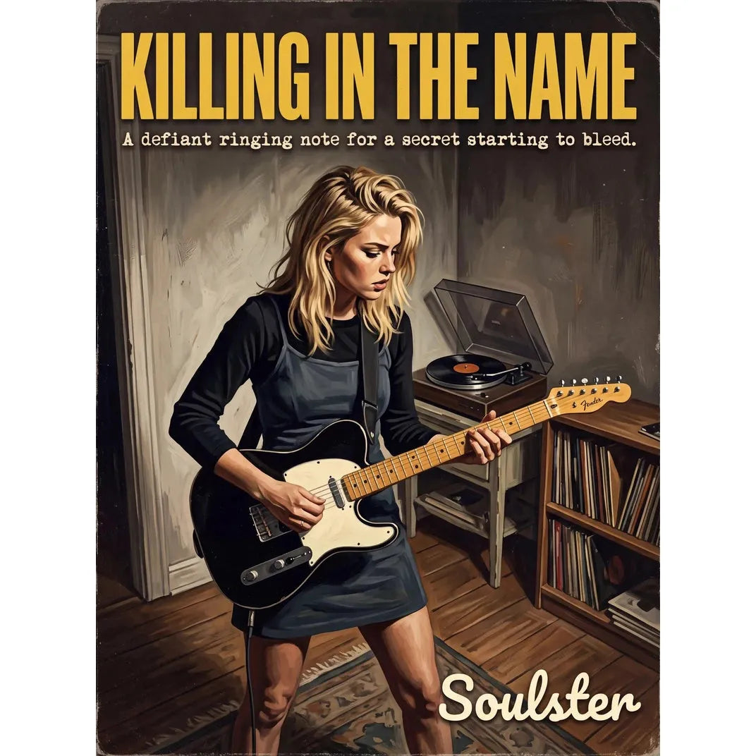 Cinematic pulp book cover style art print inspired by Rage Against The Machine - Killing In The Name typography design layout.