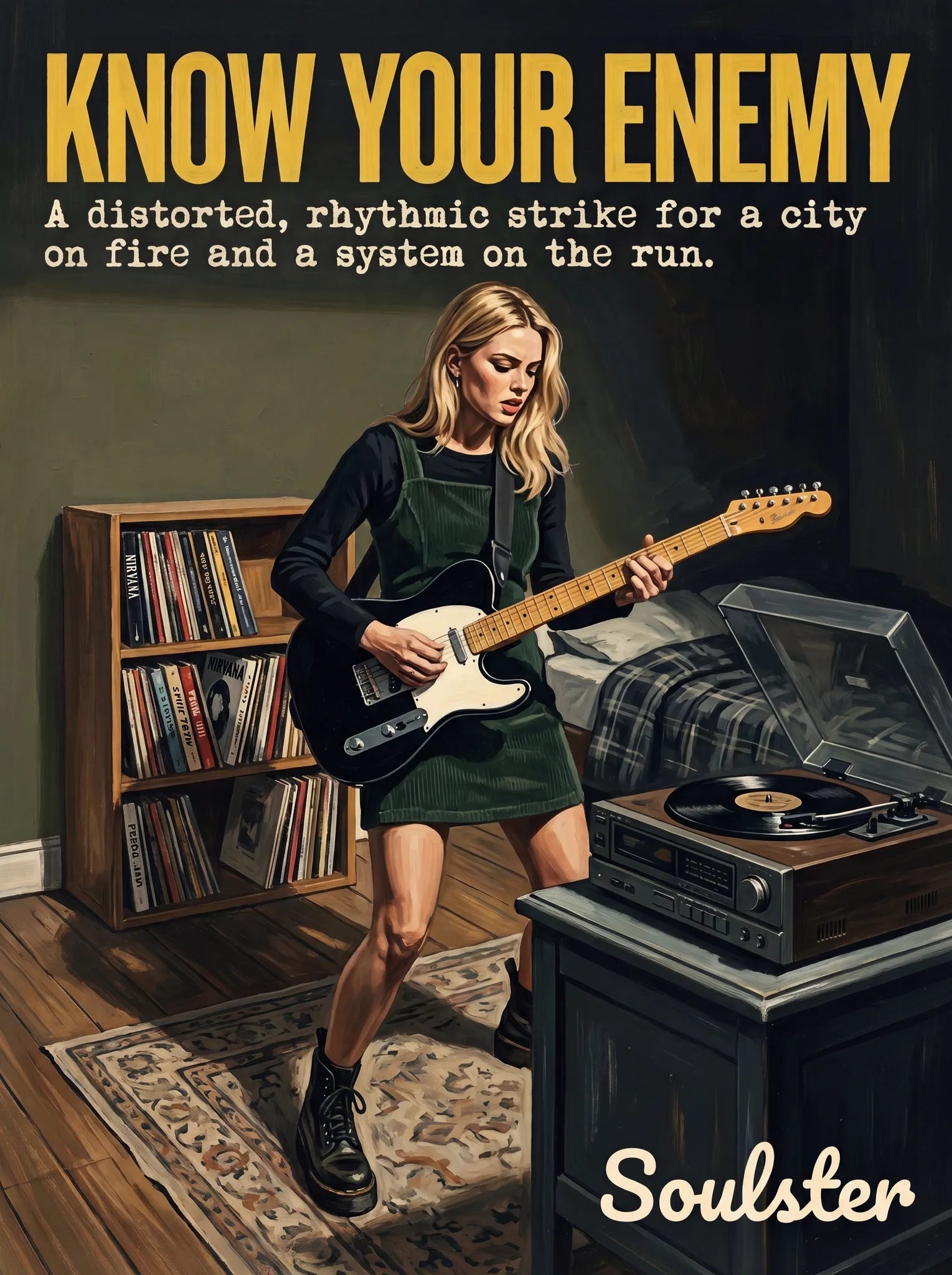 Cinematic pulp book cover style art print inspired by Rage Against The Machine - Know Your Enemy typography design layout.