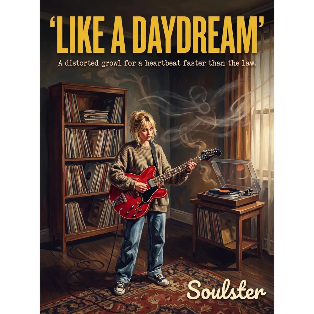 Cinematic pulp book cover style art print inspired by Ride - Like A Daydream typography design layout.