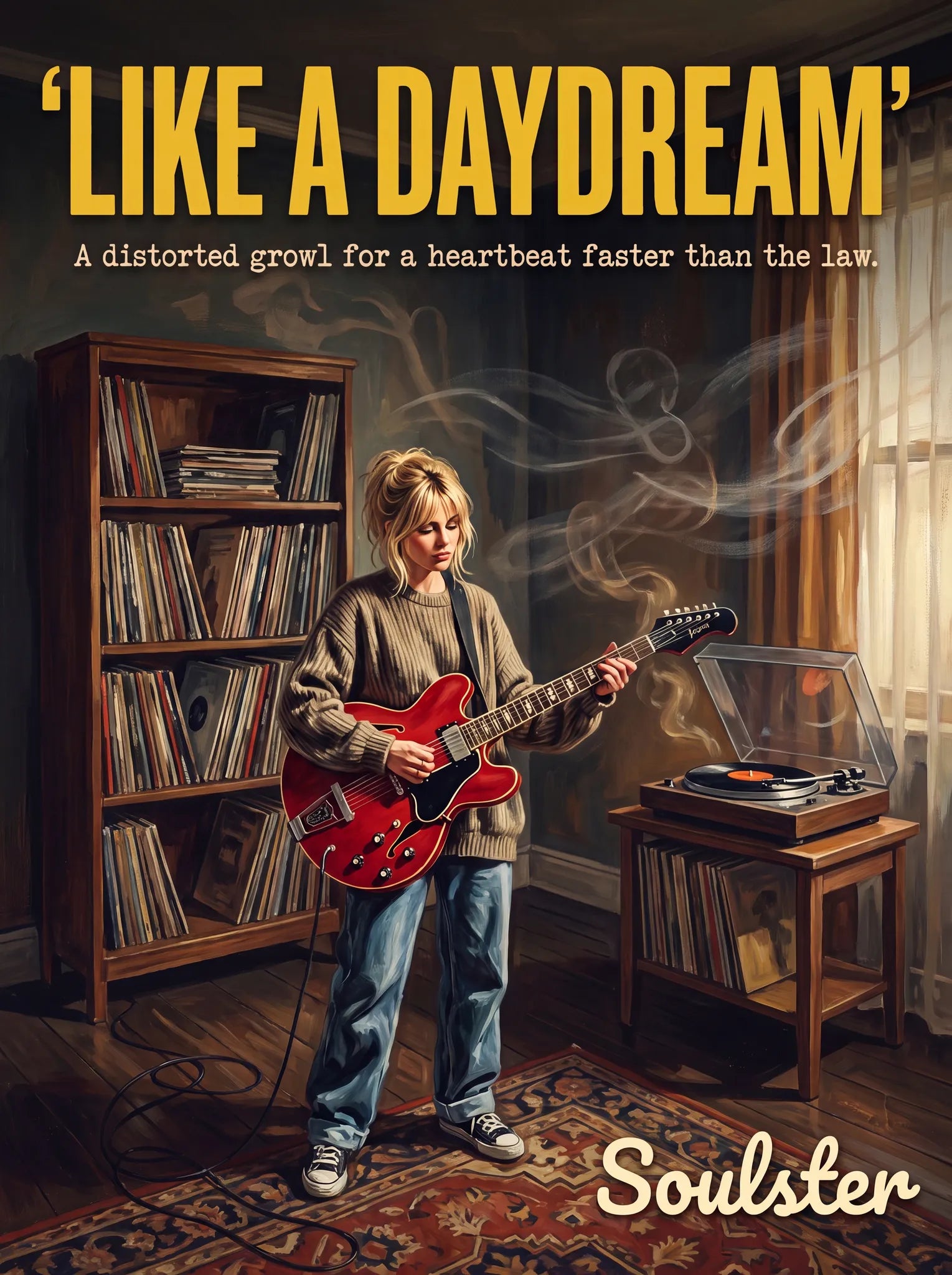 Cinematic pulp book cover style art print inspired by Ride - Like A Daydream typography design layout.