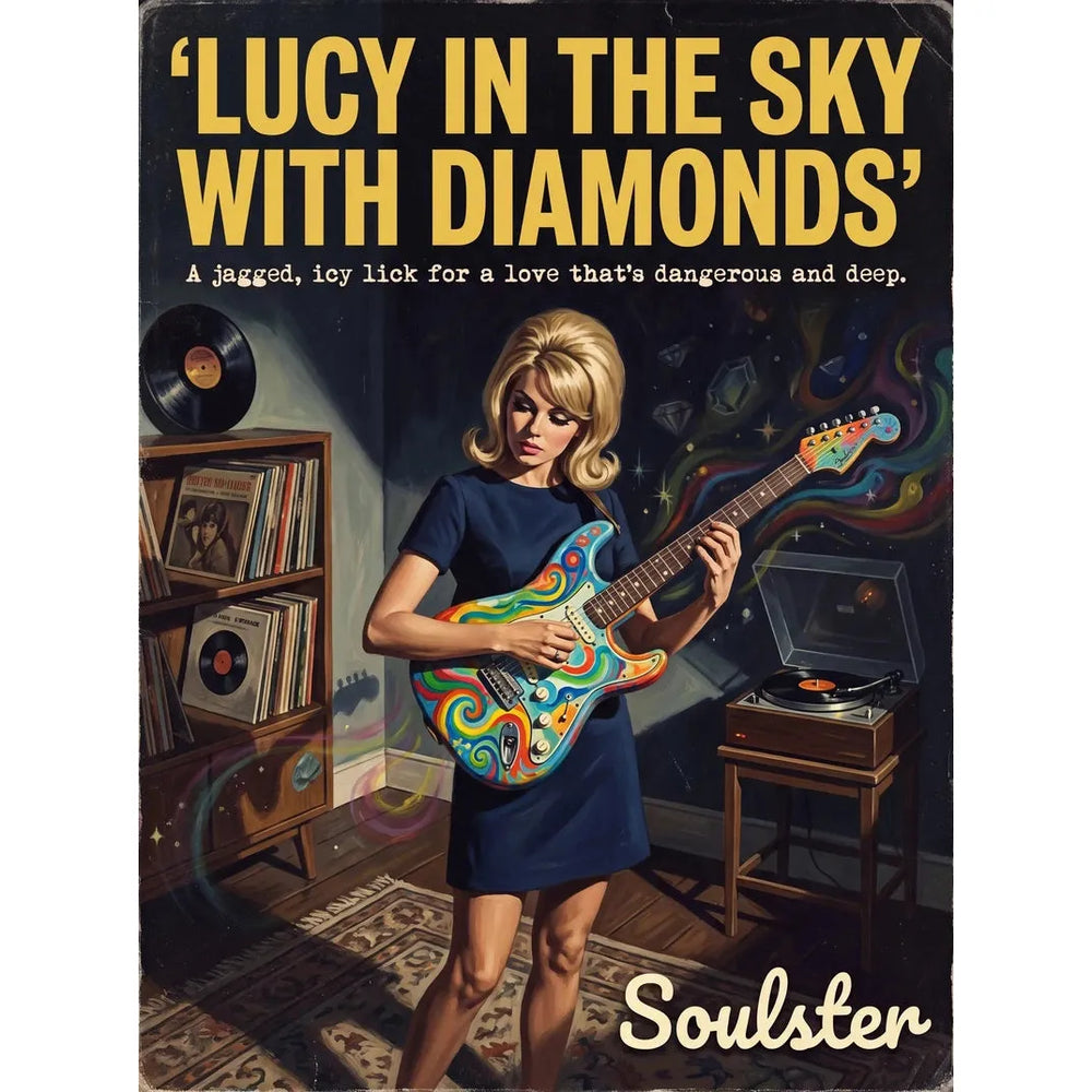 Cinematic pulp book cover style art print inspired by The Beatles - Lucy In The Sky With Diamonds typography design layout.