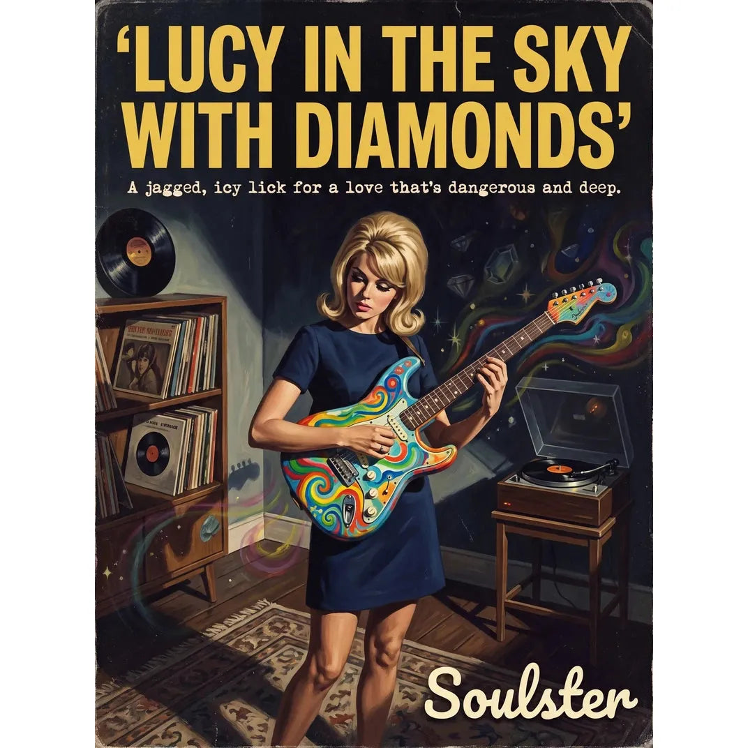 Cinematic pulp book cover style art print inspired by The Beatles - Lucy In The Sky With Diamonds typography design layout.