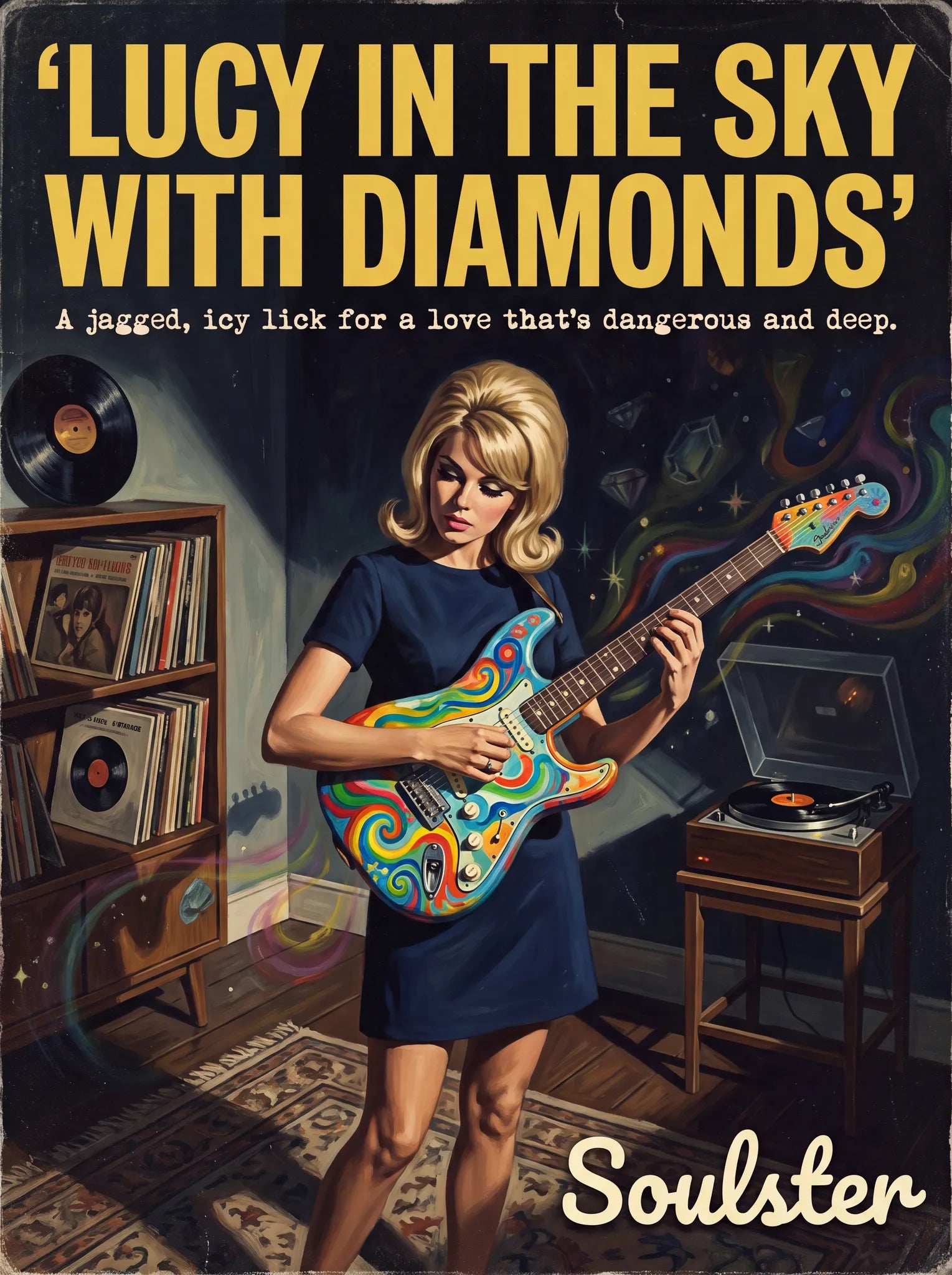 Cinematic pulp book cover style art print inspired by The Beatles - Lucy In The Sky With Diamonds typography design layout.