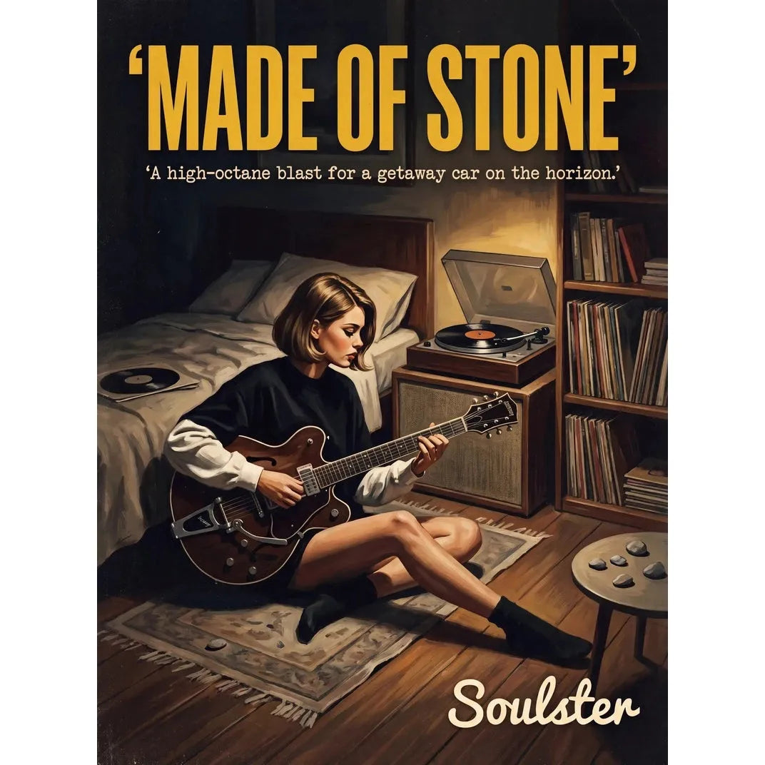Cinematic pulp book cover style art print inspired by The Stone Roses - Made Of Stone typography design layout.