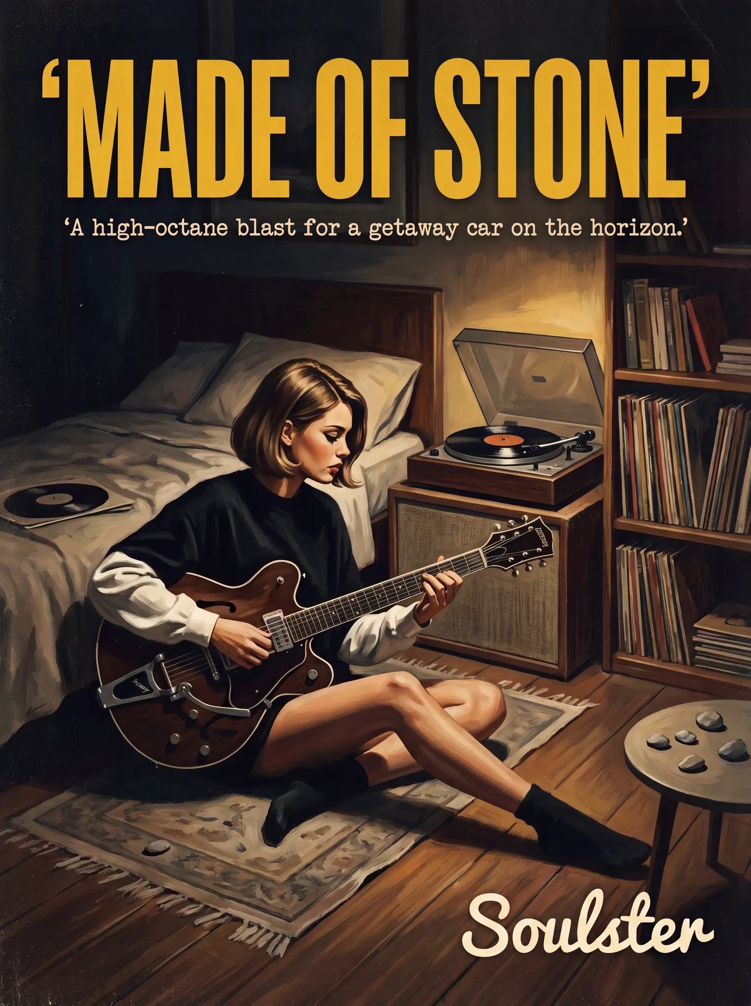 Cinematic pulp book cover style art print inspired by The Stone Roses - Made Of Stone typography design layout.