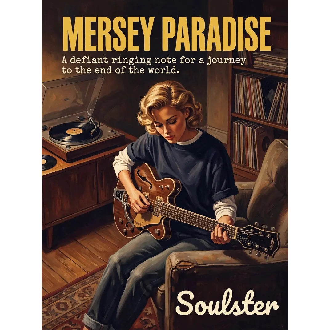 Cinematic pulp book cover style art print inspired by The Stone Roses - Mersey Paradise typography design layout.