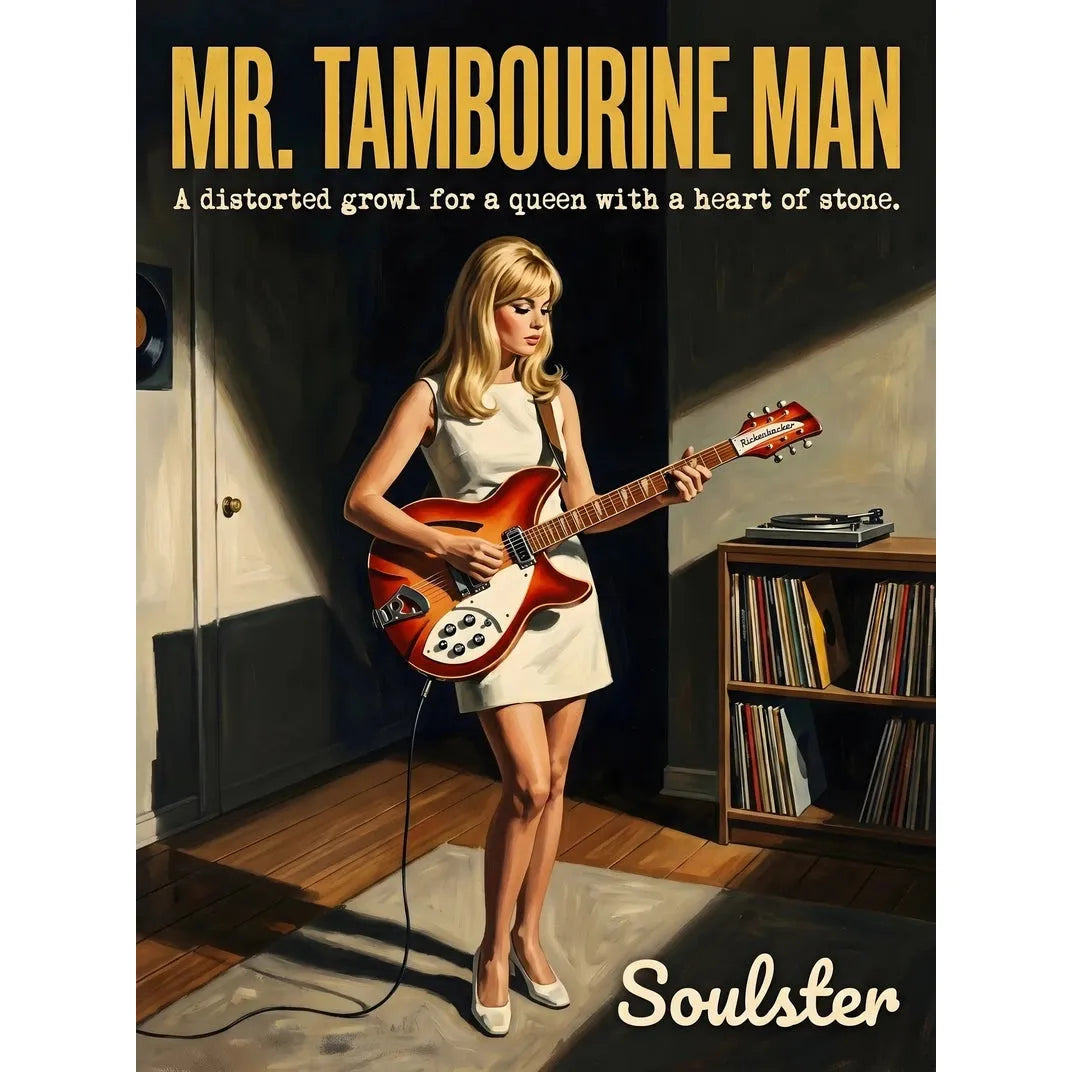 Cinematic pulp book cover style art print inspired by The Byrds - Mr. Tambourine Man typography design layout.