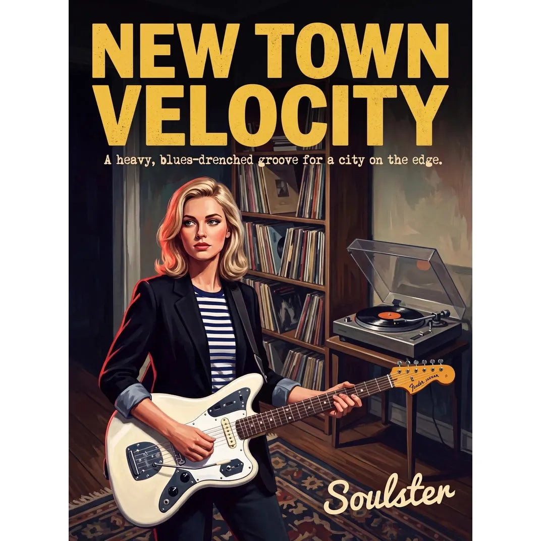 Cinematic pulp book cover style art print inspired by Johnny Marr - New Town Velocity typography design layout.
