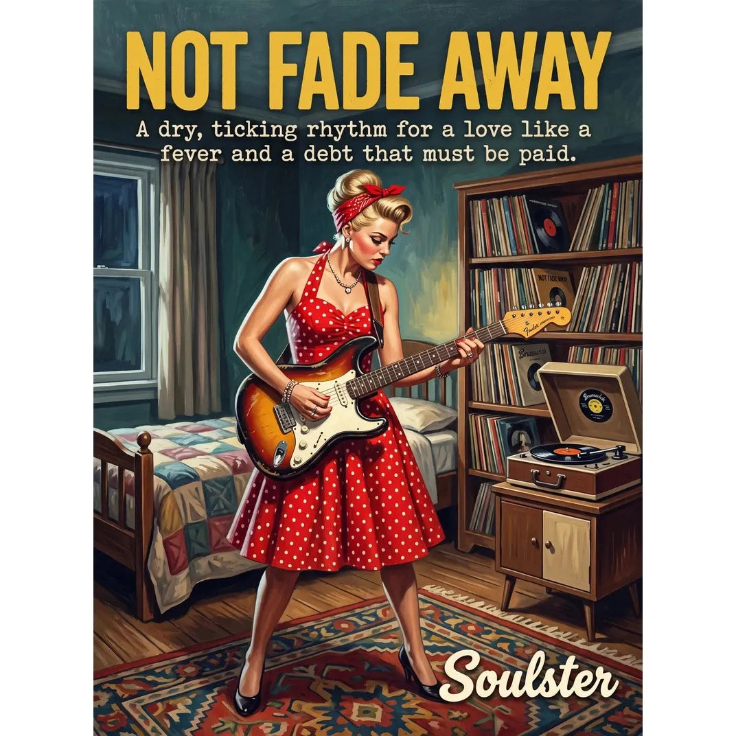 Cinematic pulp book cover style art print inspired by Buddy Holly - Not Fade Away typography design layout.