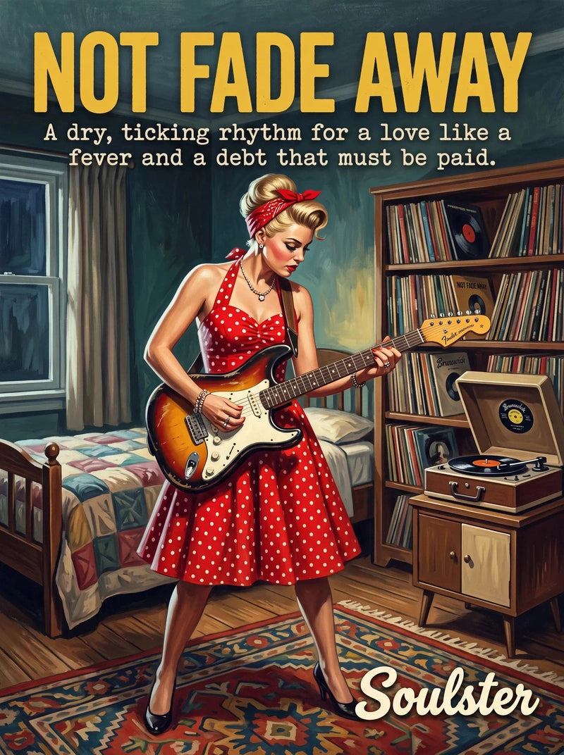 Cinematic pulp book cover style art print inspired by Buddy Holly - Not Fade Away typography design layout.