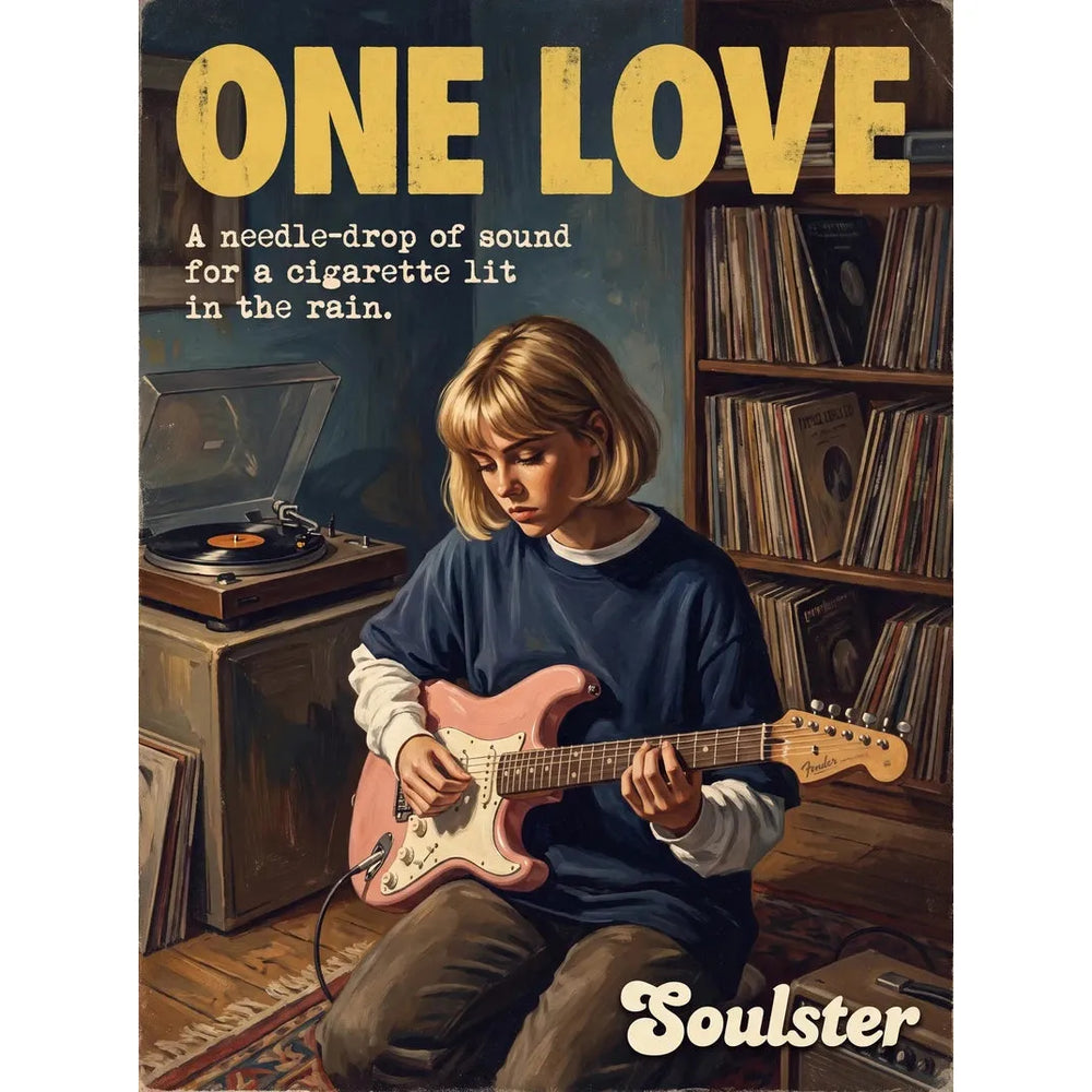 Cinematic pulp book cover style art print inspired by The Stone Roses - One Love typography design layout.