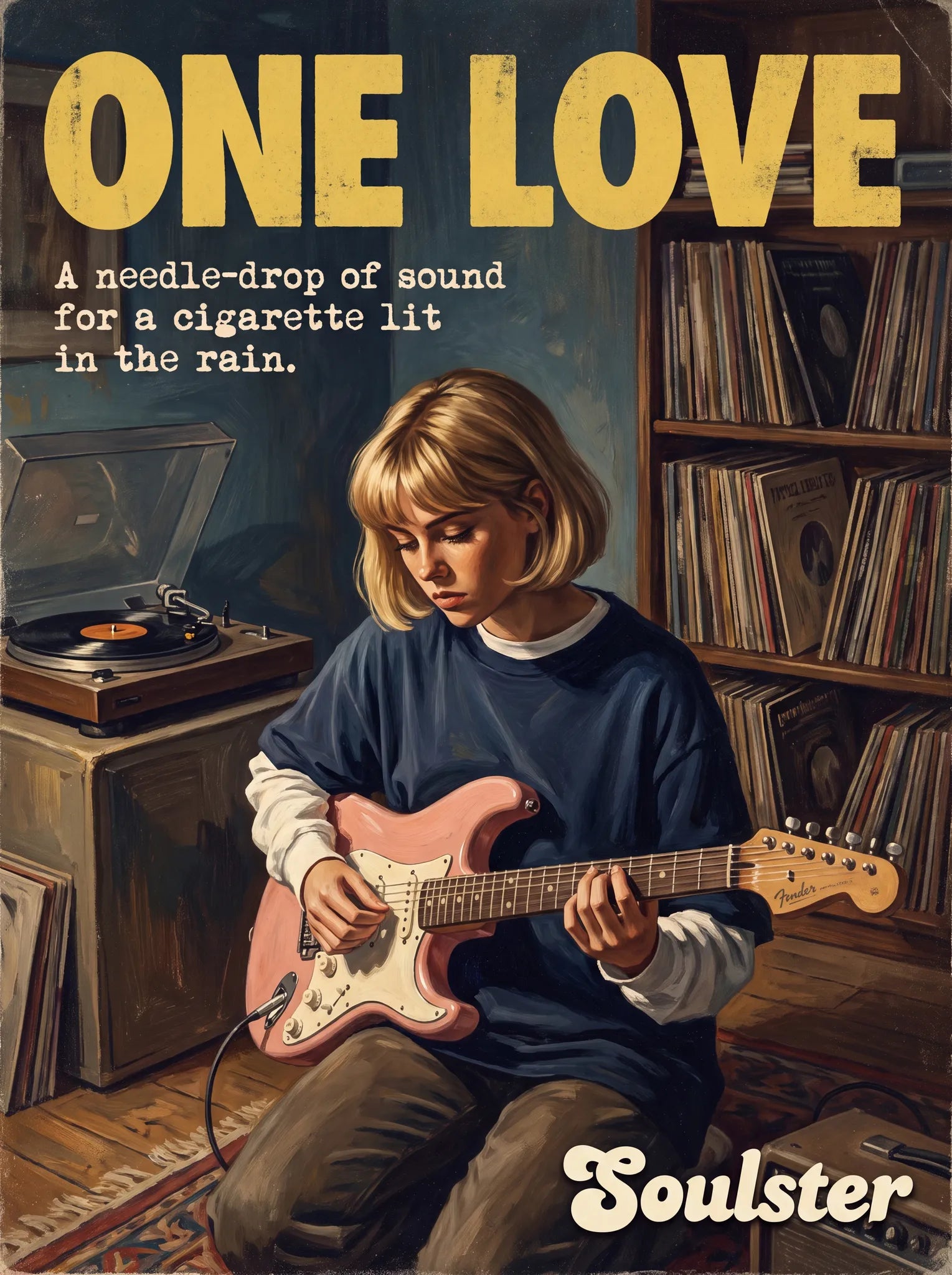 Cinematic pulp book cover style art print inspired by The Stone Roses - One Love typography design layout.