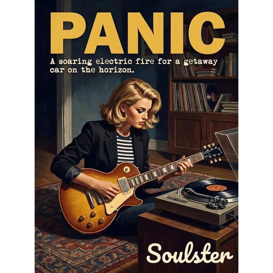 Cinematic pulp book cover style art print inspired by The Smiths - Panic typography design layout.