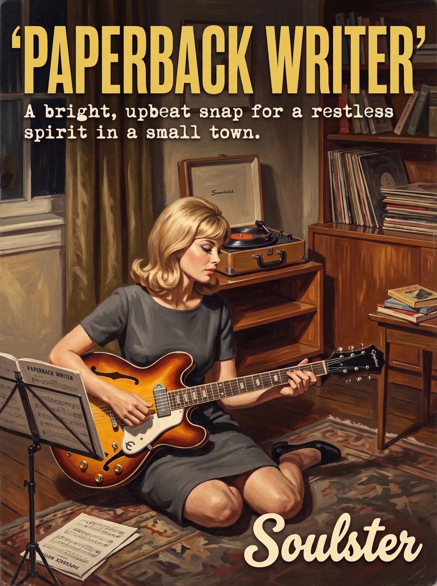 Cinematic pulp book cover style art print inspired by The Beatles - Paperback Writer typography design layout.
