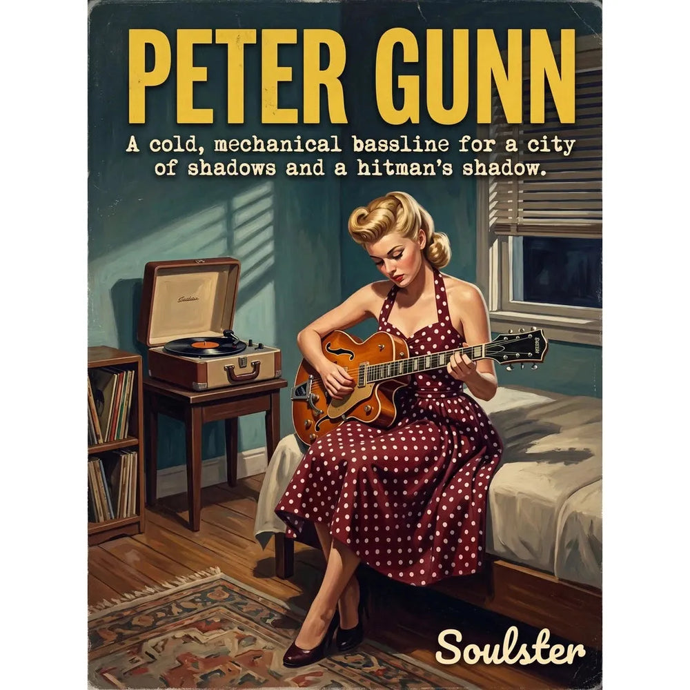 Cinematic pulp book cover style art print inspired by Duane Eddy - Peter Gunn typography design layout.
