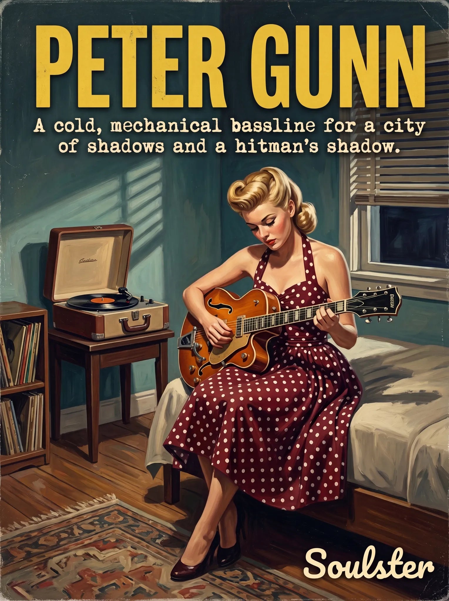 Cinematic pulp book cover style art print inspired by Duane Eddy - Peter Gunn typography design layout.