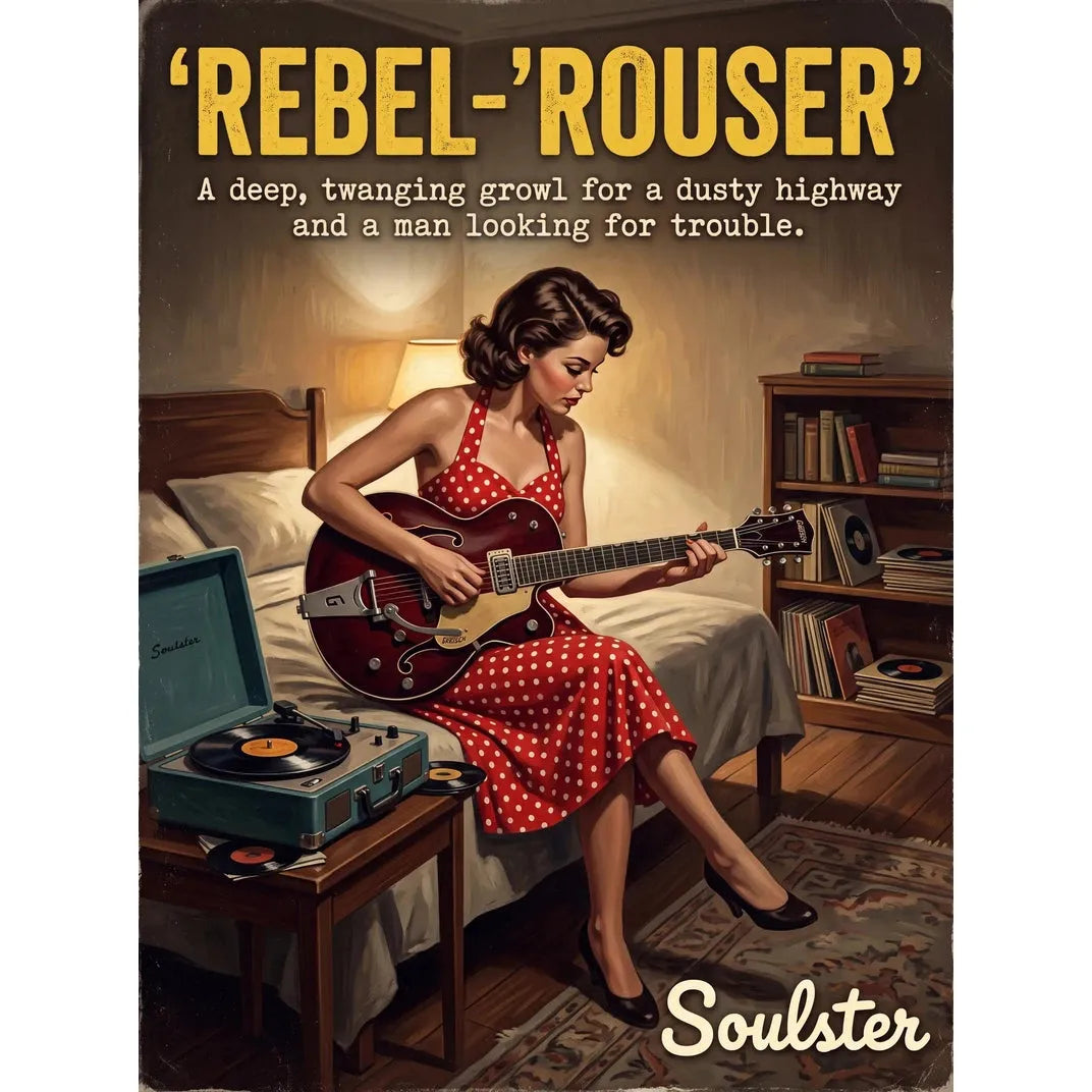 Cinematic pulp book cover style art print inspired by Duane Eddy - Rebel-'rouser typography design layout.
