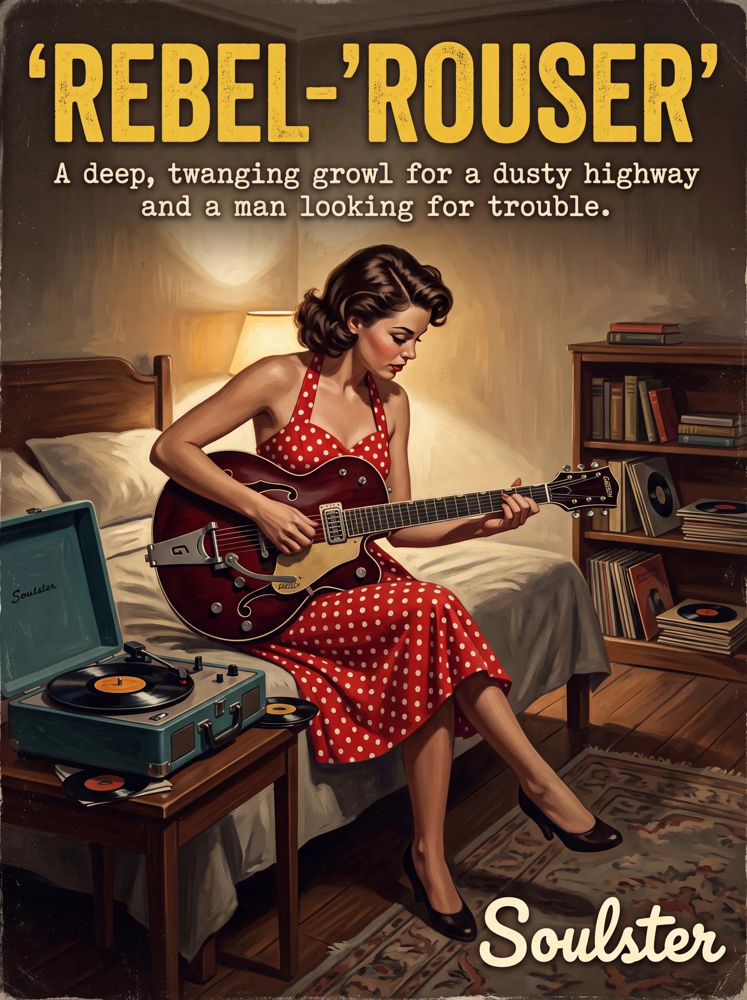 Cinematic pulp book cover style art print inspired by Duane Eddy - Rebel-'rouser typography design layout.