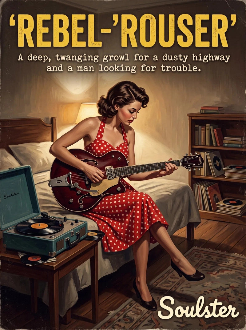 Cinematic pulp book cover style art print inspired by Duane Eddy - Rebel-'rouser typography design layout.