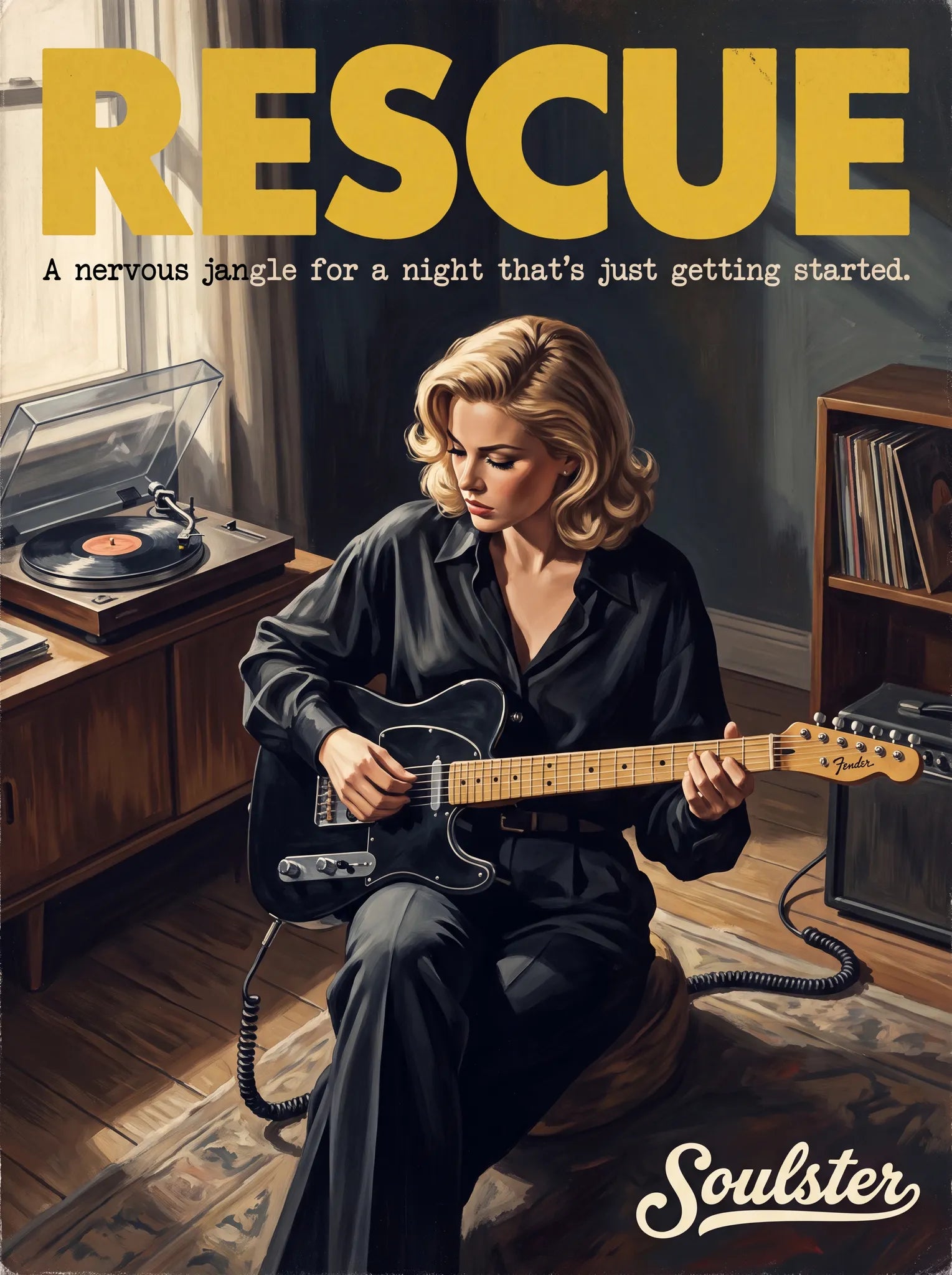 Cinematic pulp book cover style art print inspired by Echo & the Bunnymen - Rescue typography design layout.