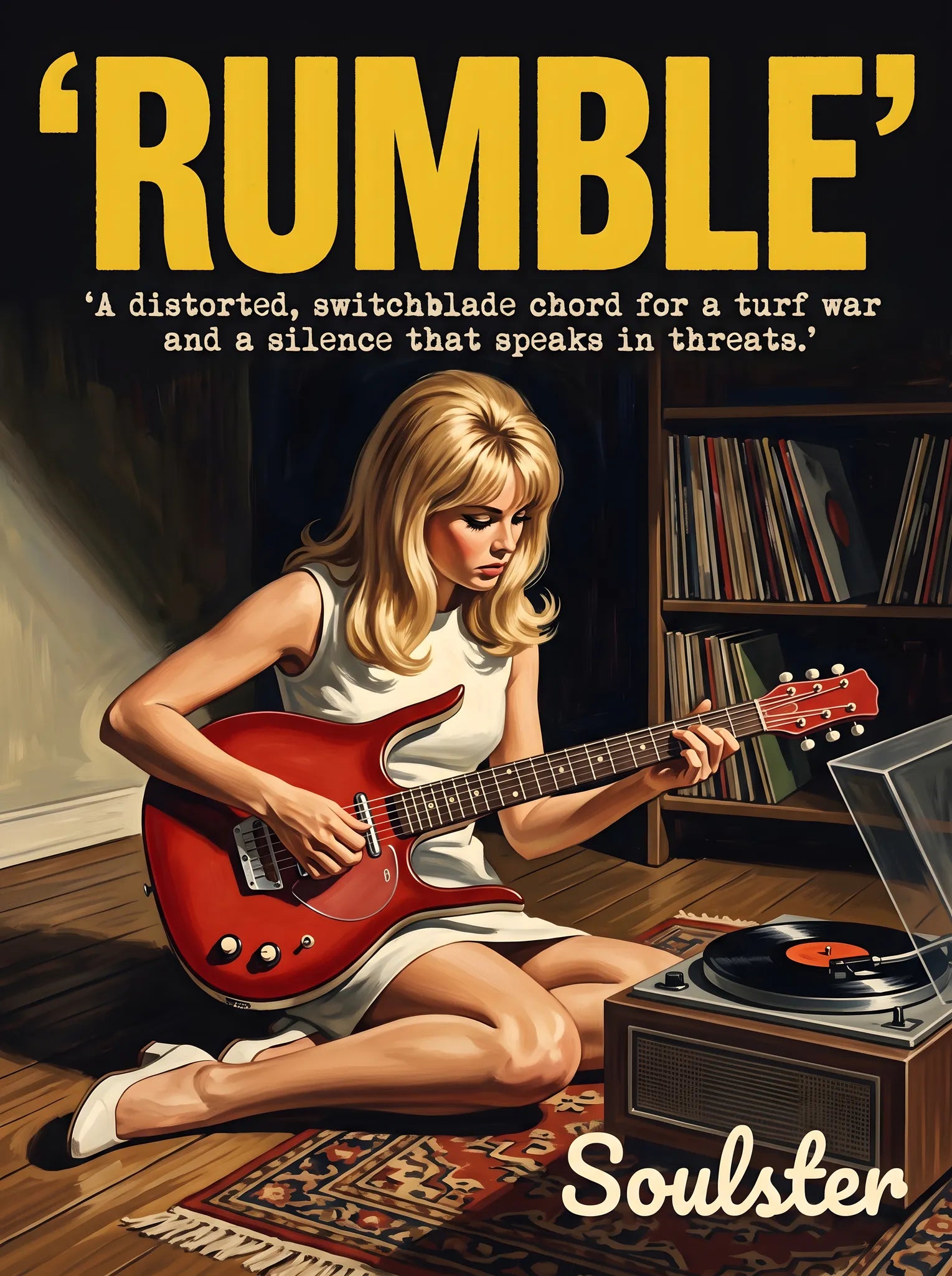 Cinematic pulp book cover style art print inspired by Link Wray - Rumble typography design layout.
