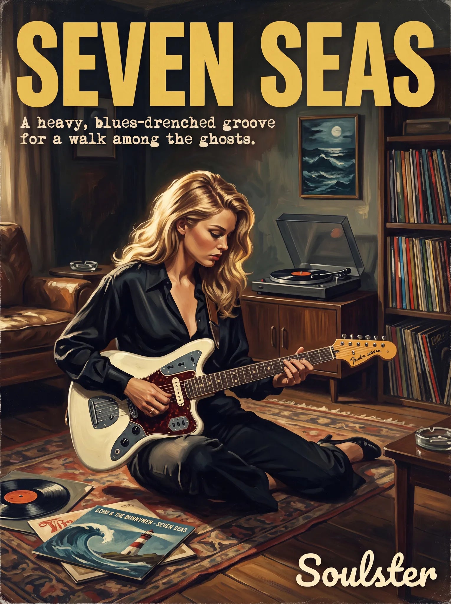 Cinematic pulp book cover style art print inspired by Echo & the Bunnymen - Seven Seas typography design layout.