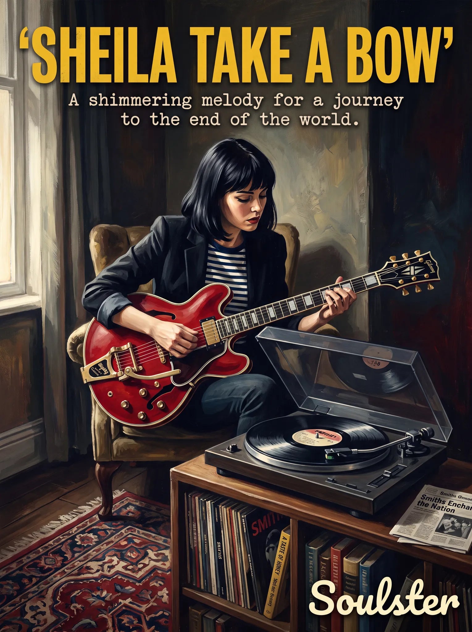 Cinematic pulp book cover style art print inspired by The Smiths - Sheila Take A Bow typography design layout.