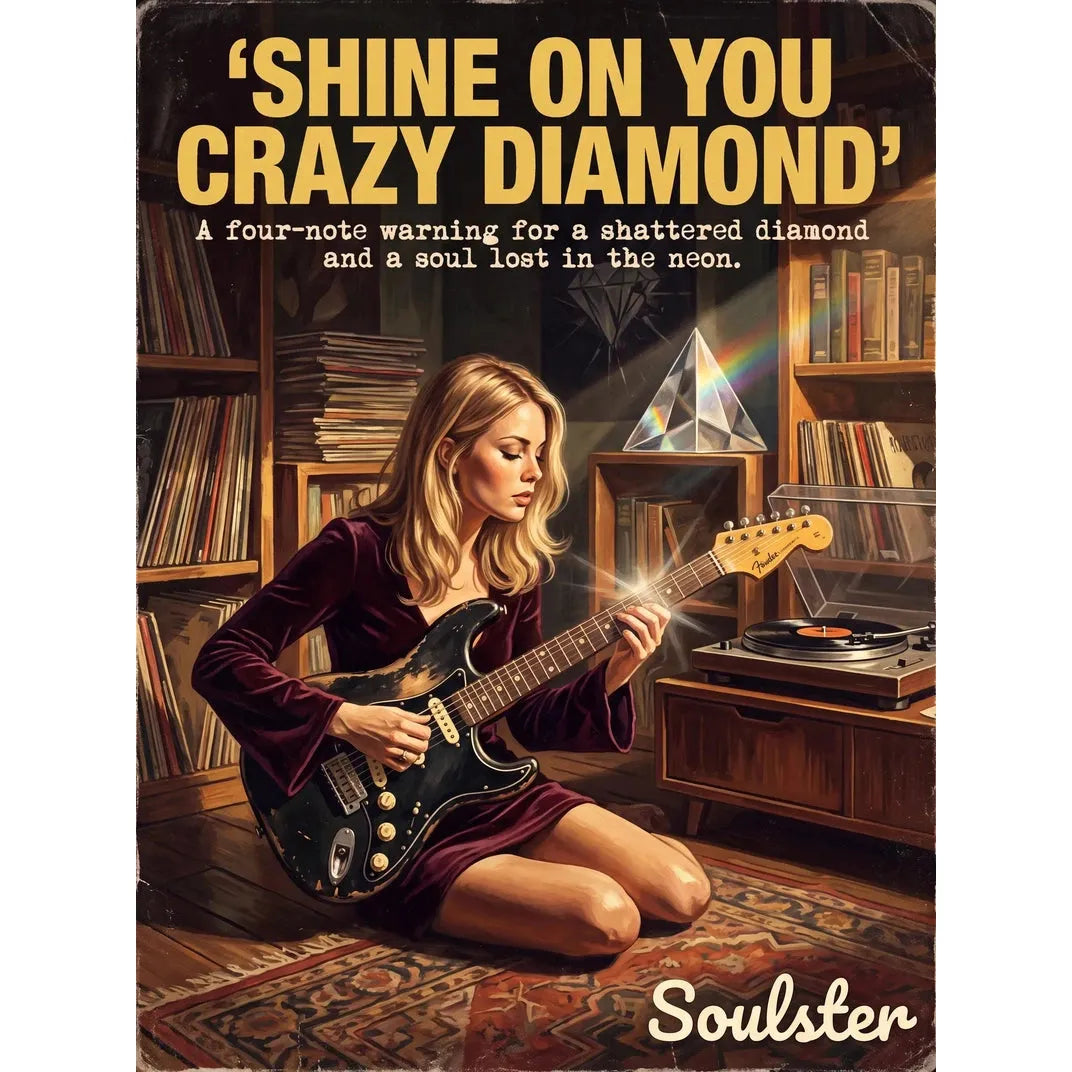 Cinematic pulp book cover style art print inspired by Pink Floyd - Shine On You Crazy Diamond typography design layout.