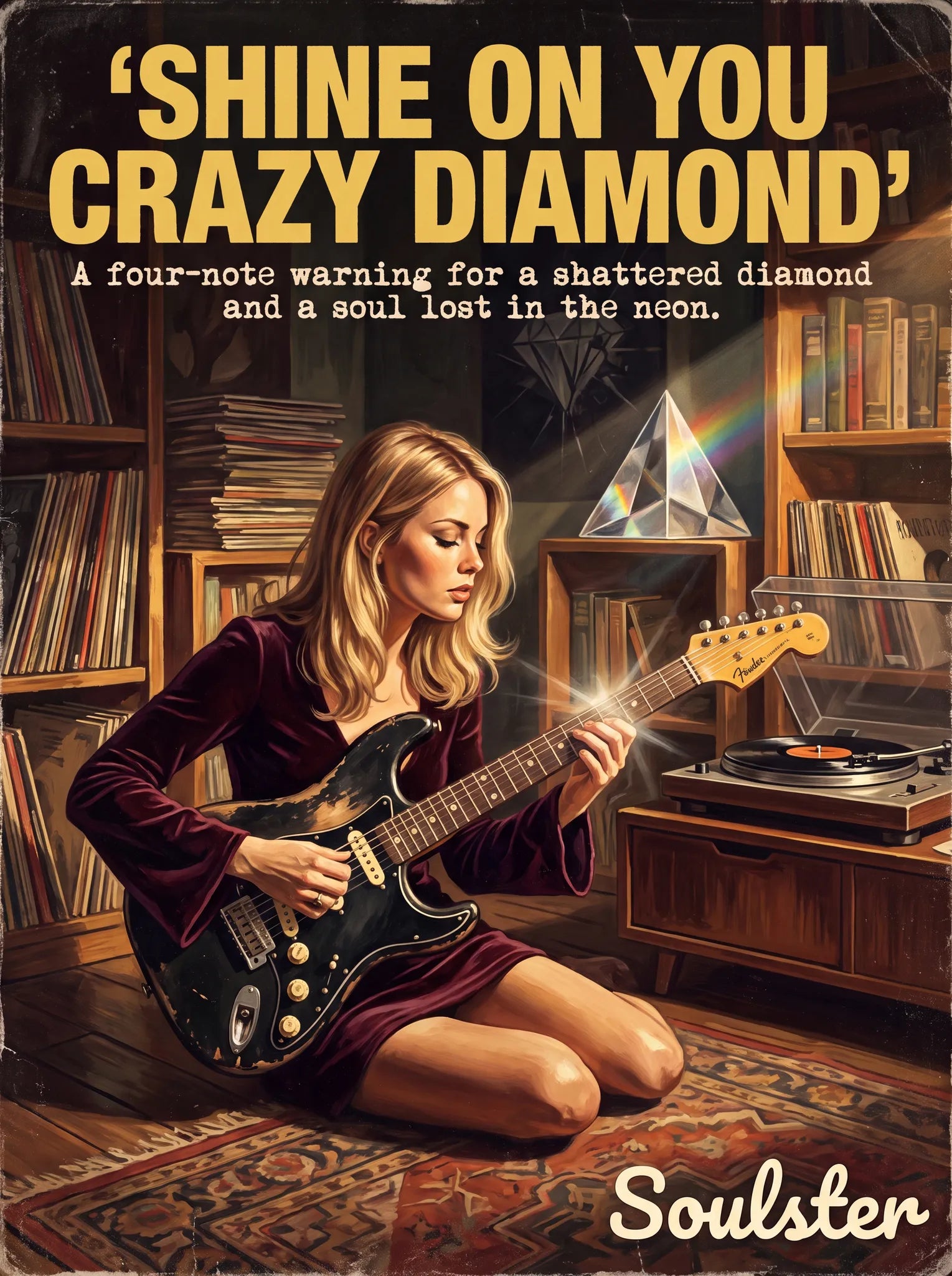 Cinematic pulp book cover style art print inspired by Pink Floyd - Shine On You Crazy Diamond typography design layout.