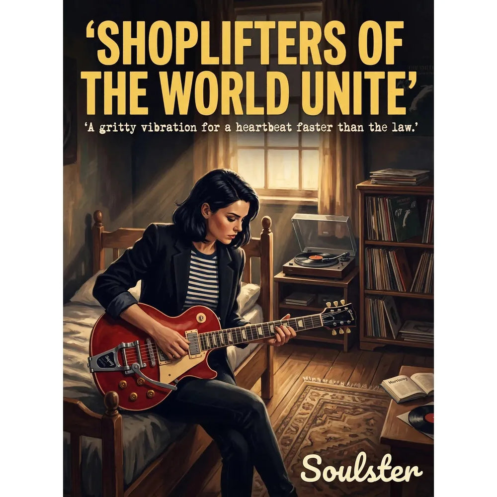 Cinematic pulp book cover style art print inspired by The Smiths - Shoplifters Of The World Unite typography design layout.