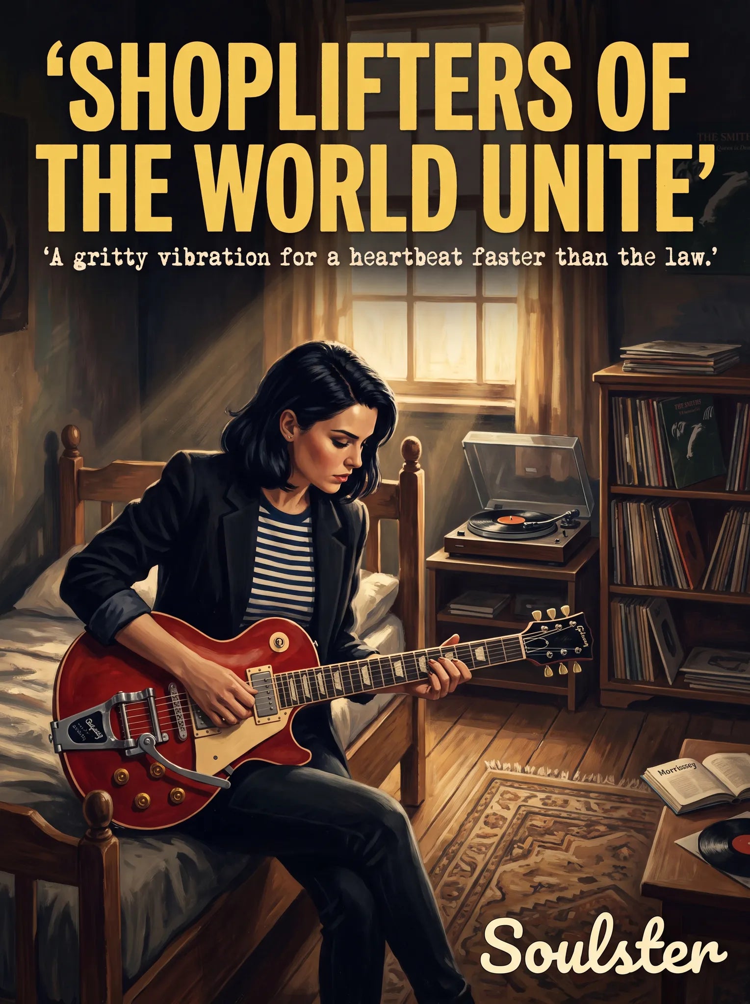 Cinematic pulp book cover style art print inspired by The Smiths - Shoplifters Of The World Unite typography design layout.