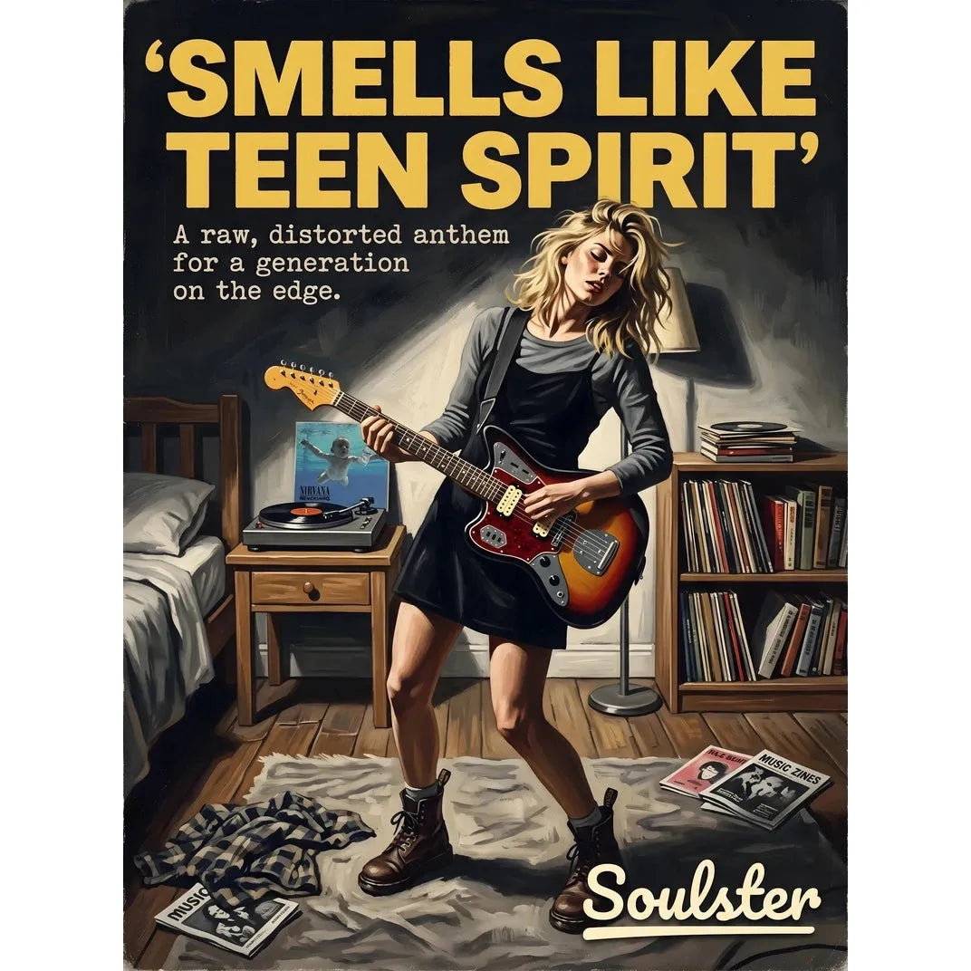 Cinematic pulp book cover style art print inspired by Nirvana - Smells Like Teen Spirit typography design layout.