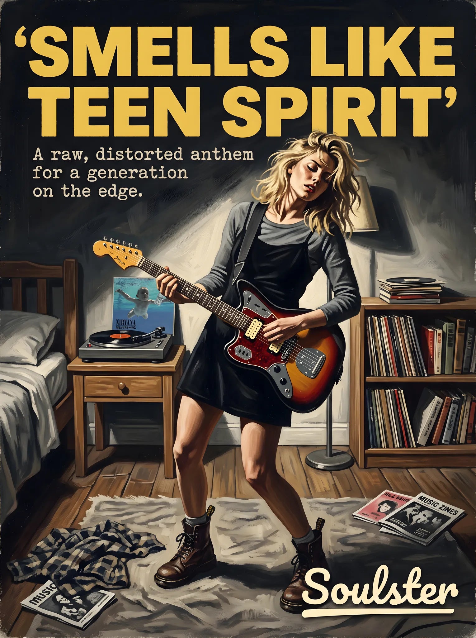 Cinematic pulp book cover style art print inspired by Nirvana - Smells Like Teen Spirit typography design layout.