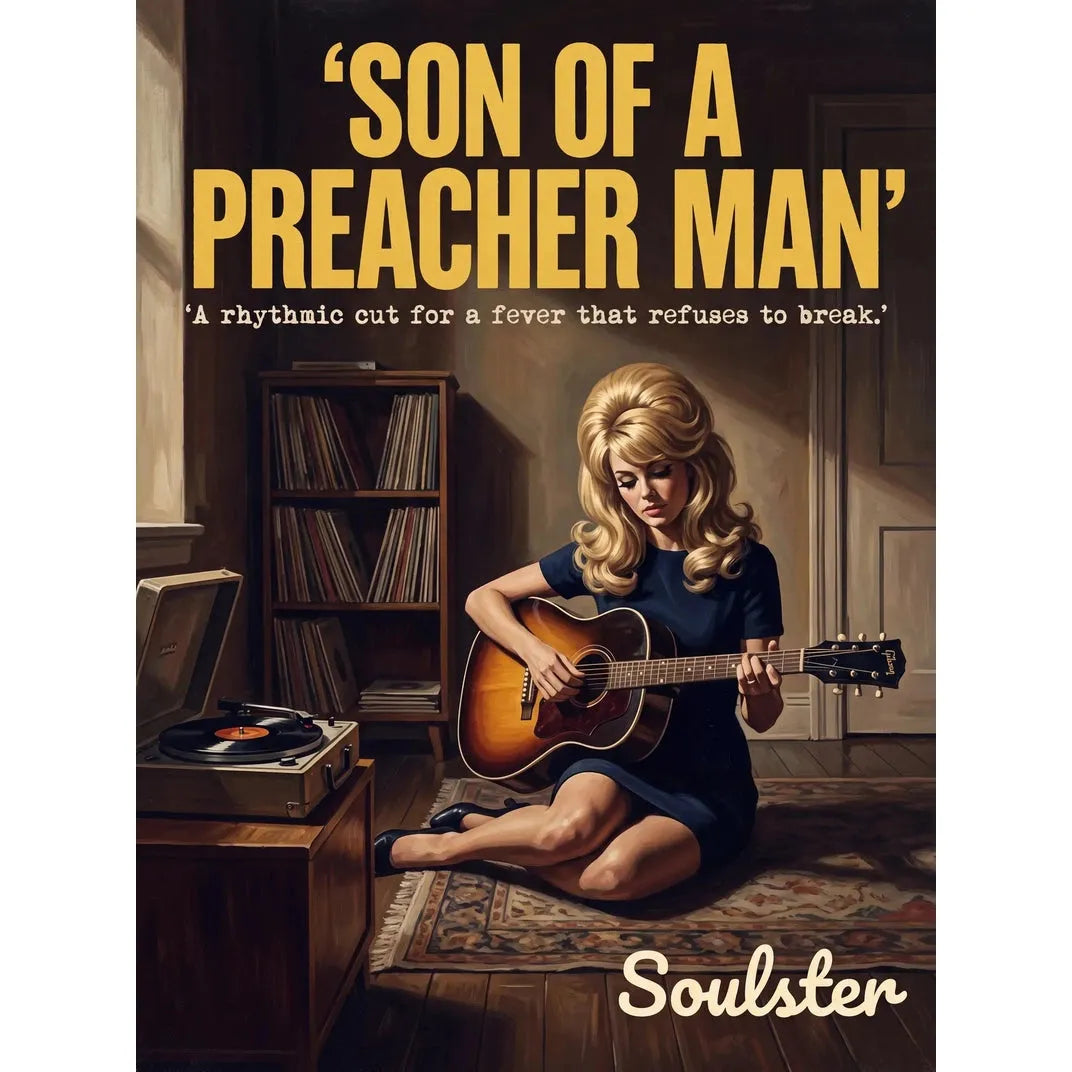 Cinematic pulp book cover style art print inspired by Dusty Springfield - Son Of A Preacher Man typography design layout.