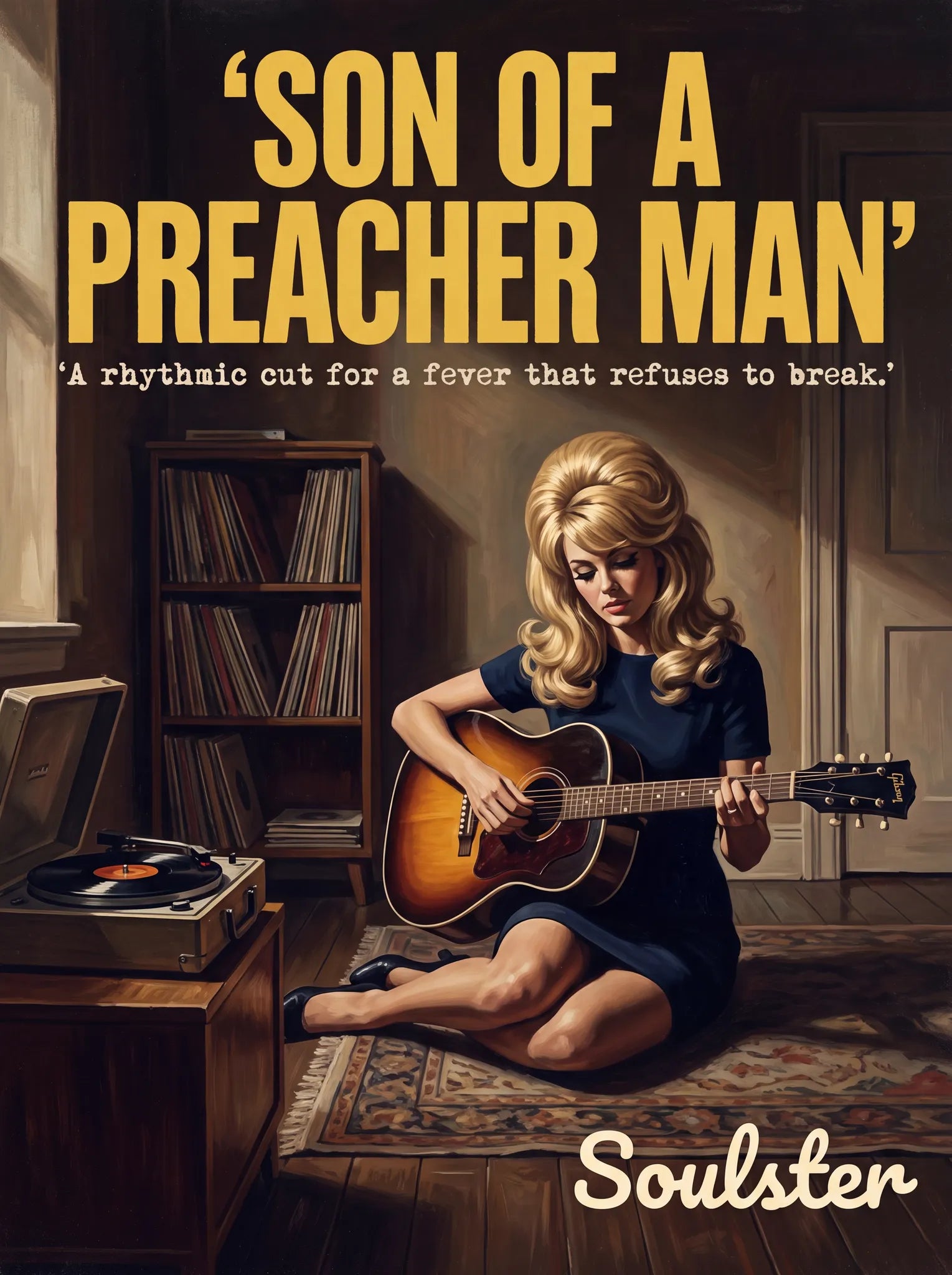Cinematic pulp book cover style art print inspired by Dusty Springfield - Son Of A Preacher Man typography design layout.