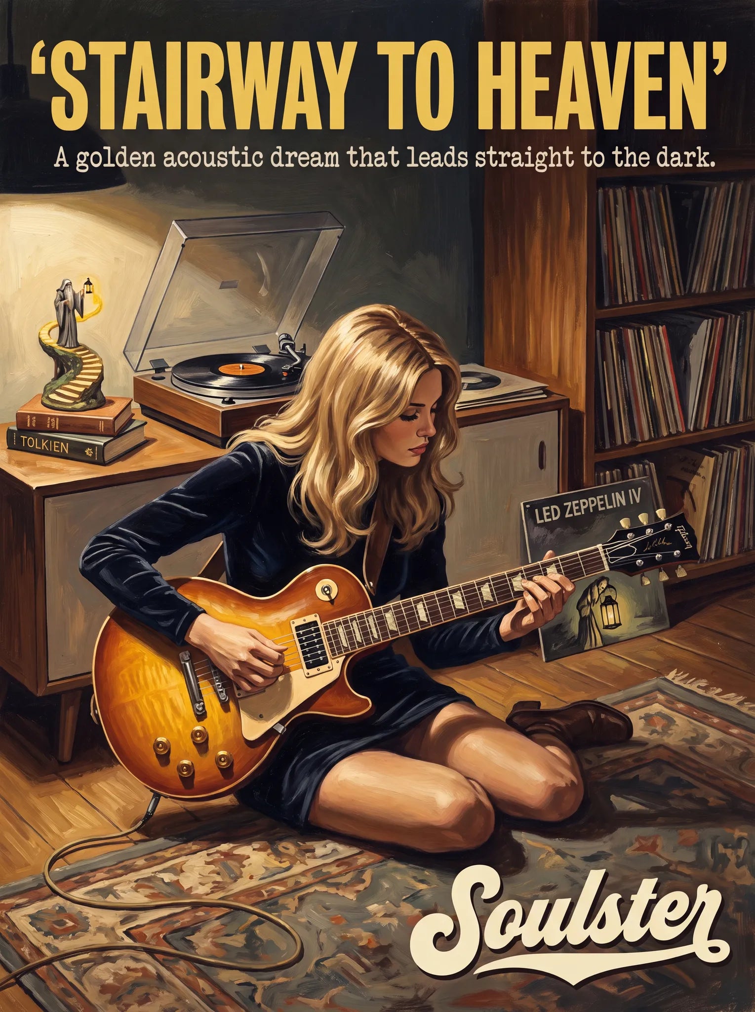 Cinematic pulp book cover style art print inspired by Led Zeppelin - Stairway To Heaven typography design layout.