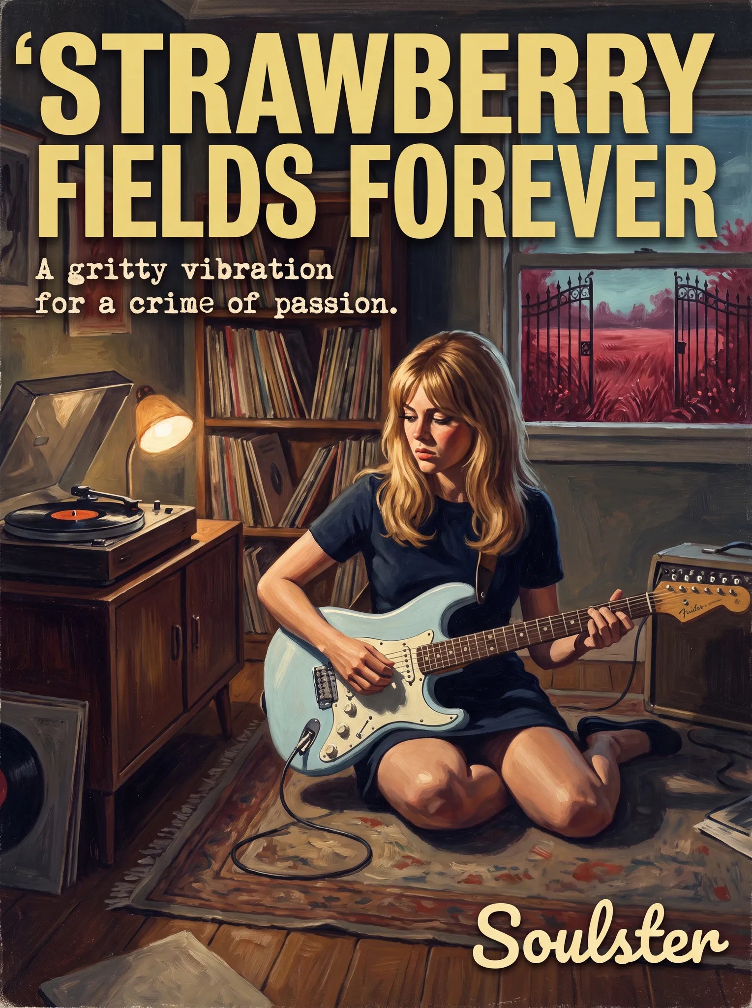 Cinematic pulp book cover style art print inspired by The Beatles - Strawberry Fields Forever typography design layout.