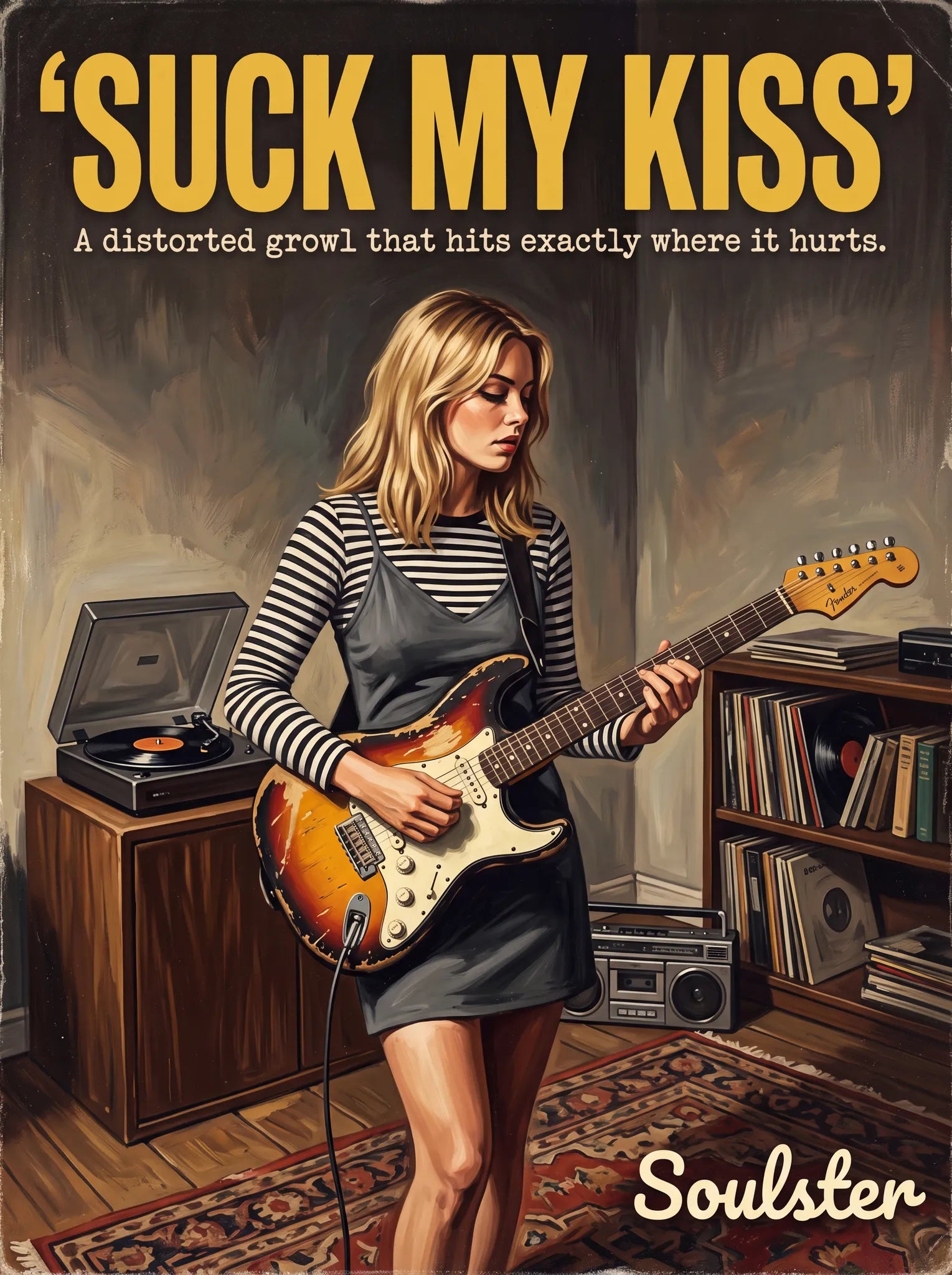 Cinematic pulp book cover style art print inspired by Red Hot Chilli Peppers - Suck My Kiss typography design layout.