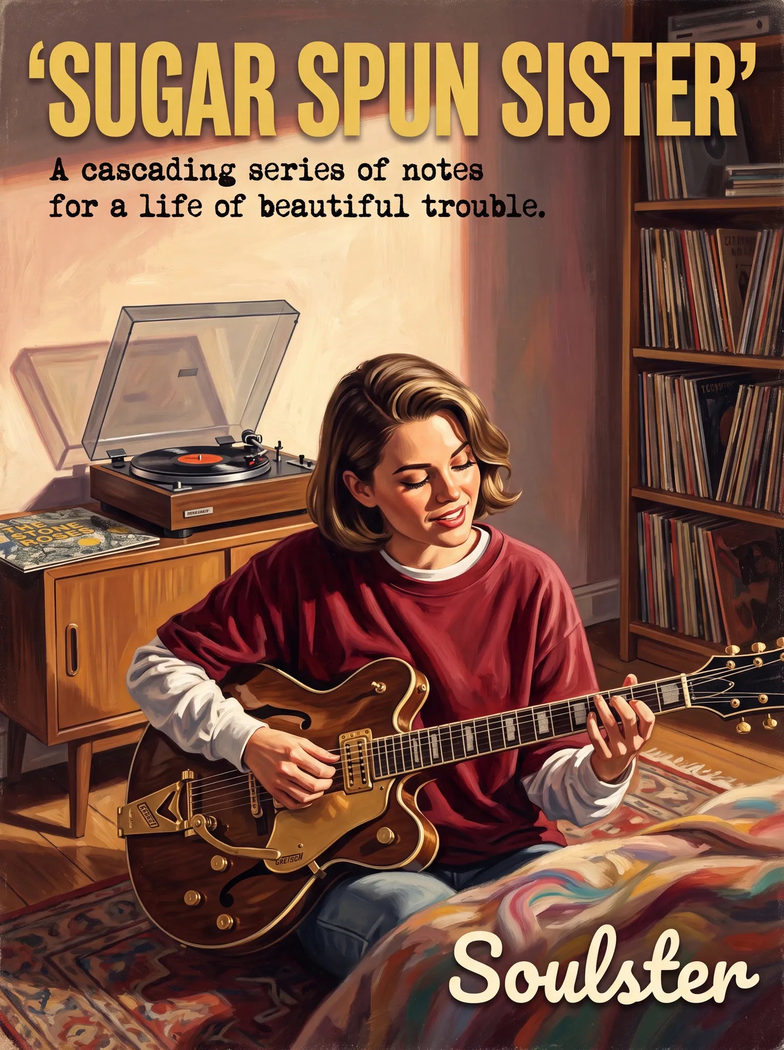 Cinematic pulp book cover style art print inspired by The Stone Roses - Sugar Spun Sister typography design layout.