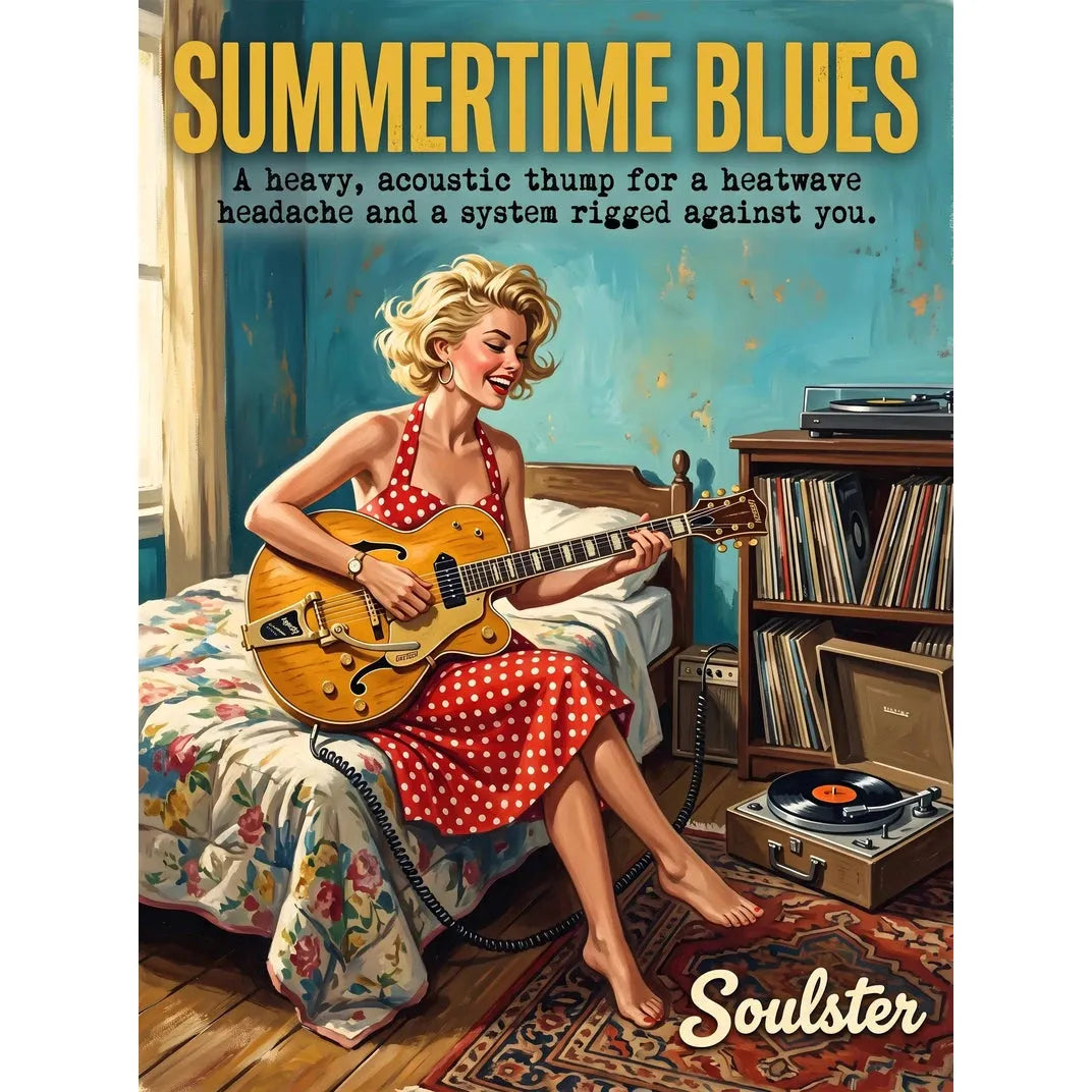 Cinematic pulp book cover style art print inspired by Alternative Music - Summertime Blues typography design layout.