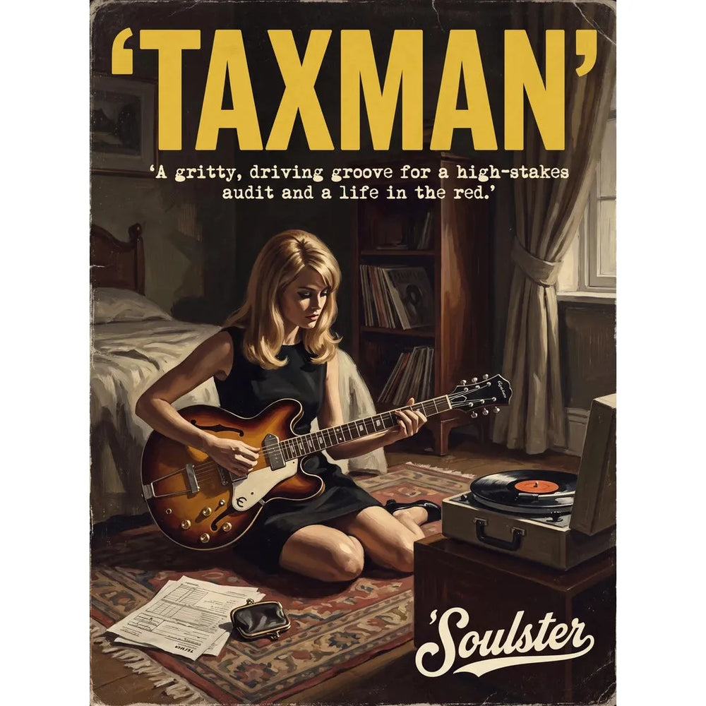 Cinematic pulp book cover style art print inspired by The Beatles - Taxman typography design layout.