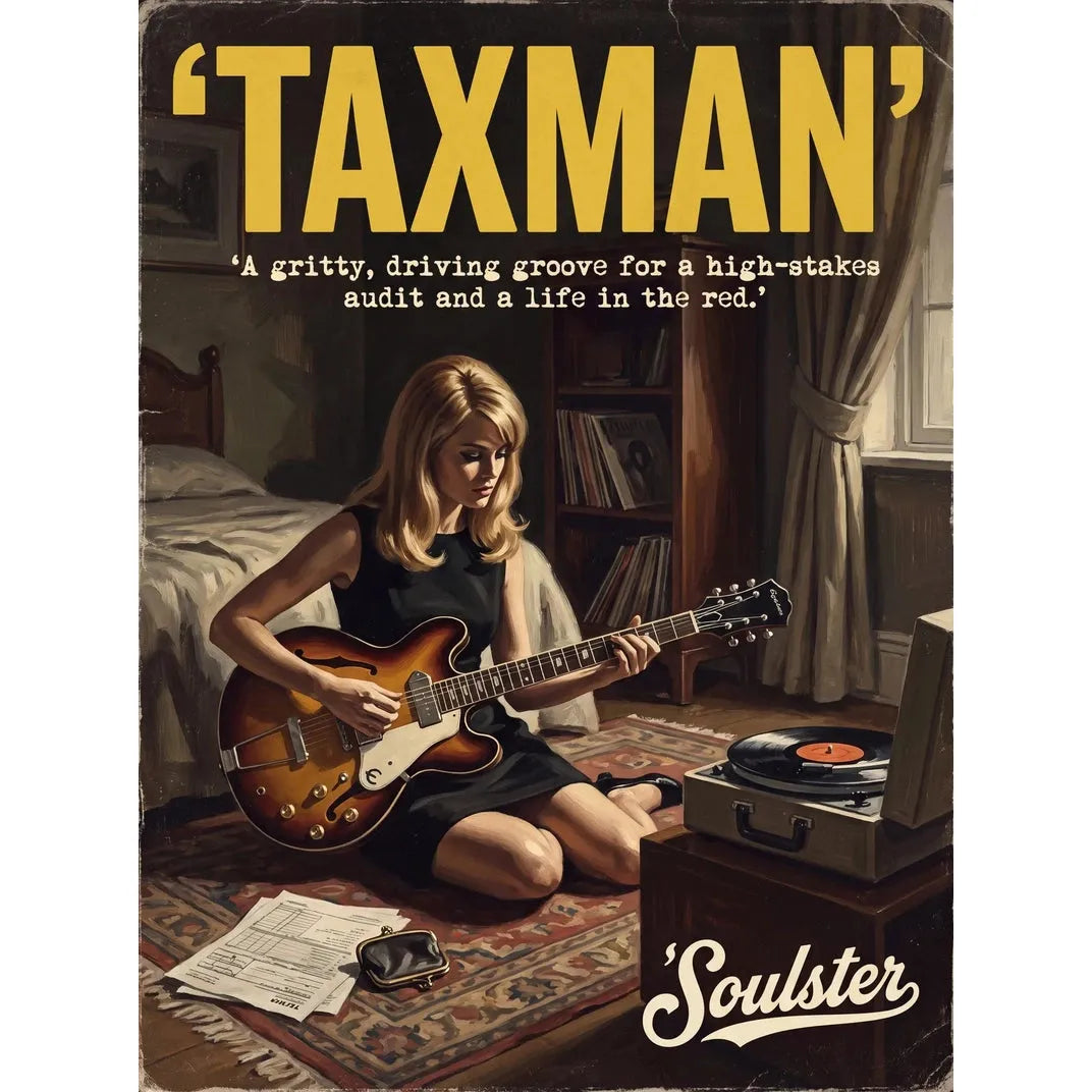 Cinematic pulp book cover style art print inspired by The Beatles - Taxman typography design layout.