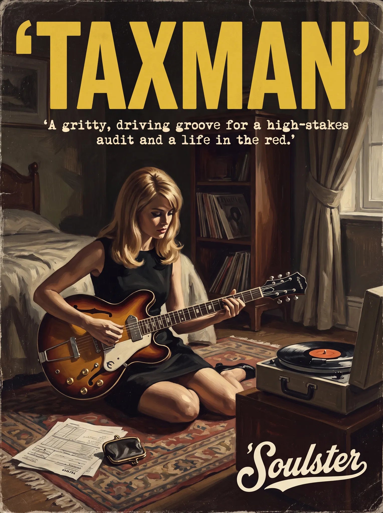 Cinematic pulp book cover style art print inspired by The Beatles - Taxman typography design layout.