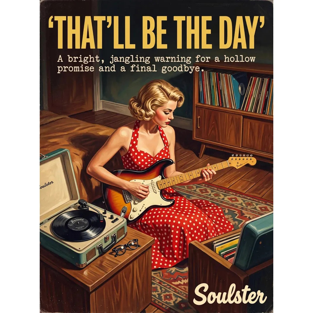 Cinematic pulp book cover style art print inspired by Buddy Holly - That'll Be The Day typography design layout.